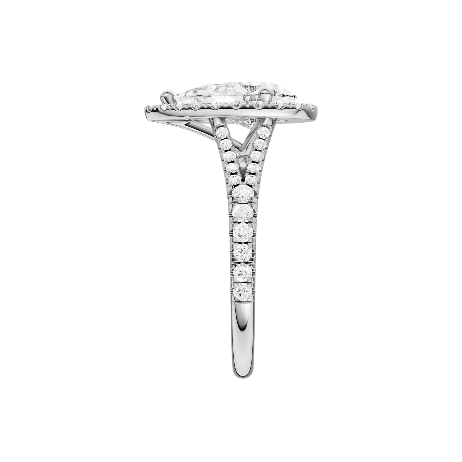 A side view of the Pear cut diamond engagement ring in platinum with a prong band and solitaire setting