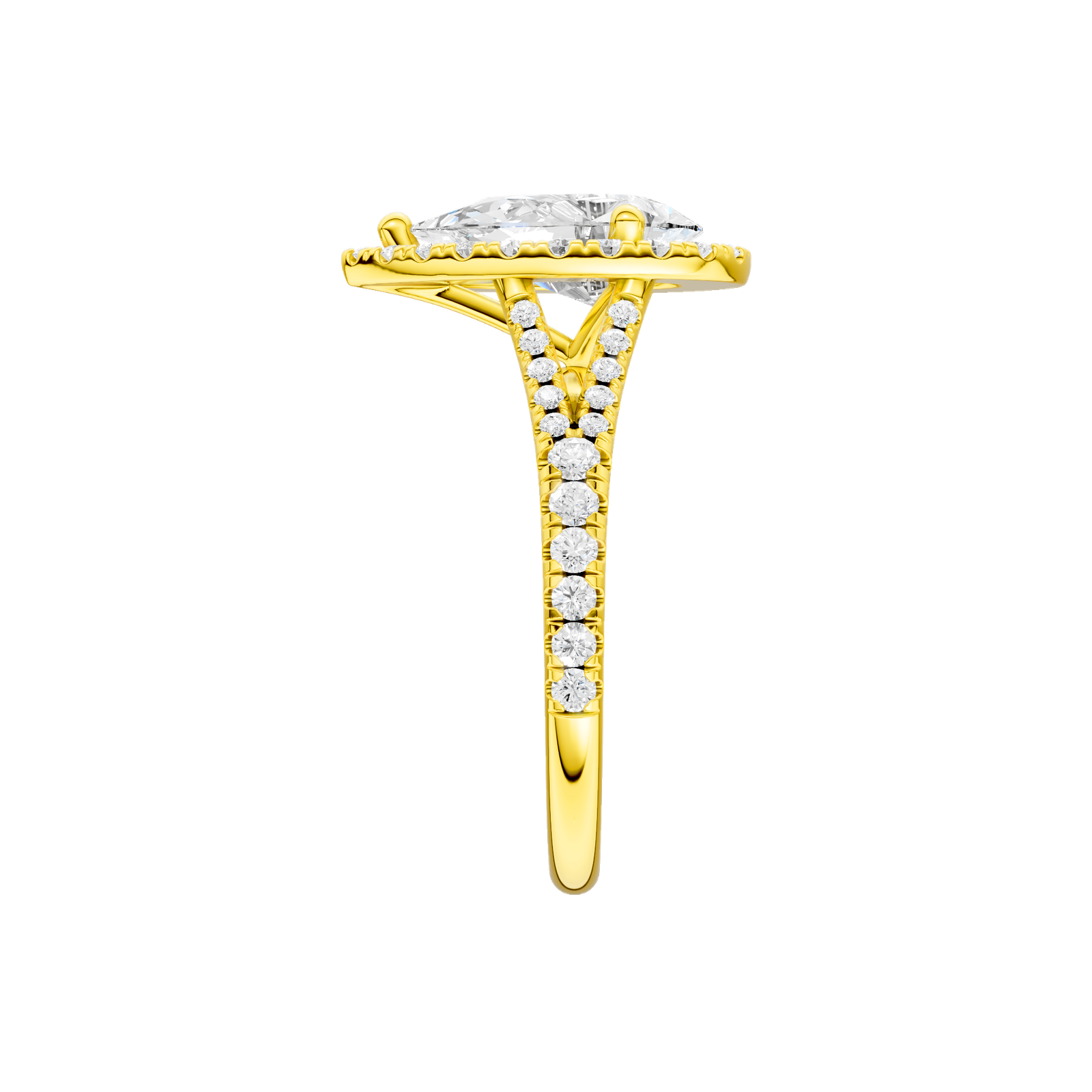 A side view of the Pear cut diamond engagement ring in 14k yellow gold with a prong band and solitaire setting