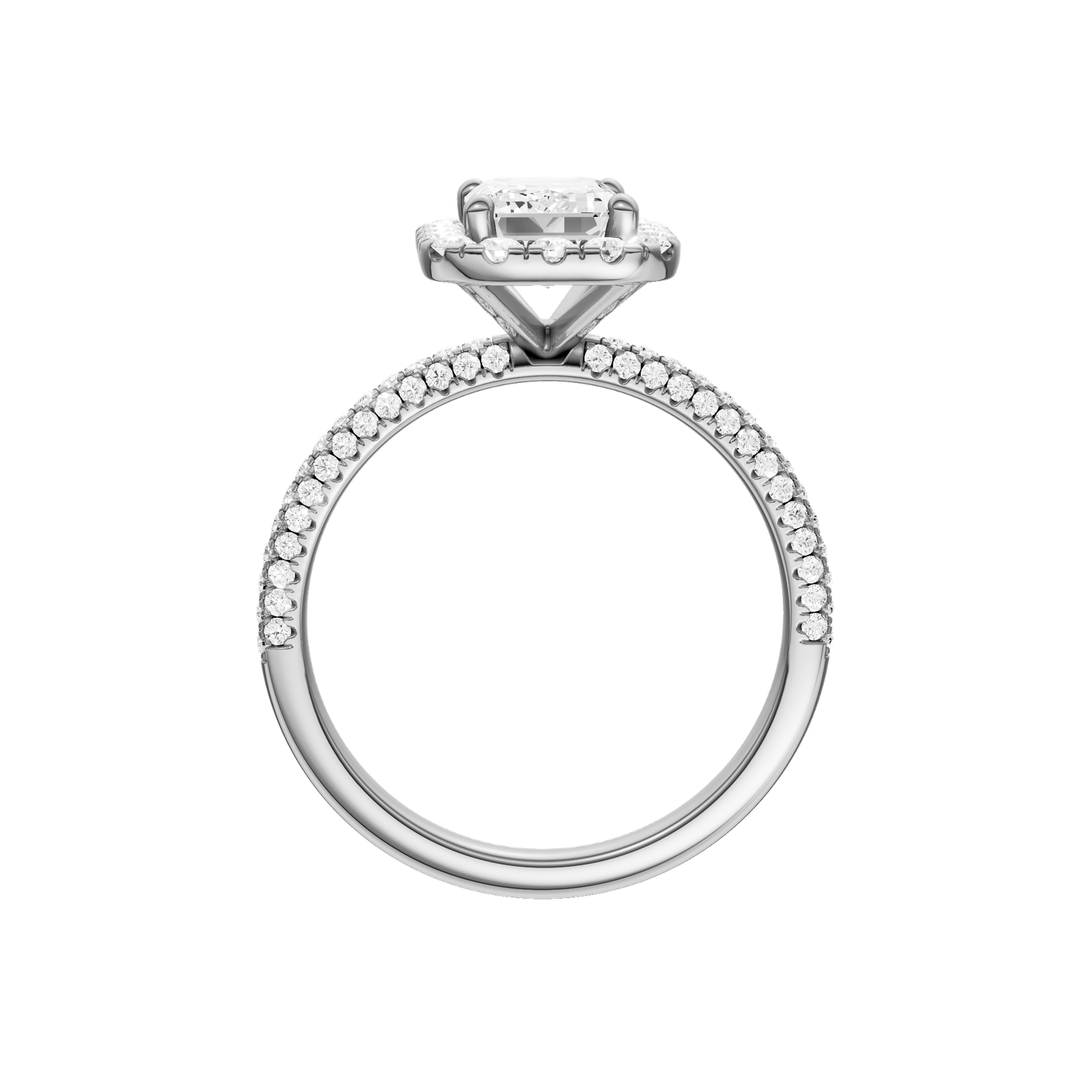 A profile view of the Emerald cut diamond engagement ring in 14k white gold with a pavé diamond band and solitaire setting