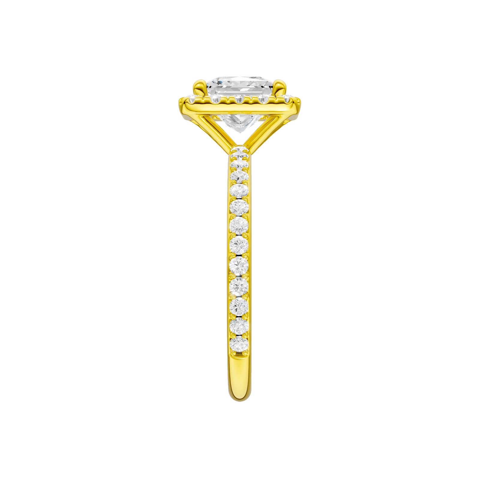 A side view of the Princess cut diamond engagement ring in 14k yellow gold with a prong diamond band and cathedral setting
