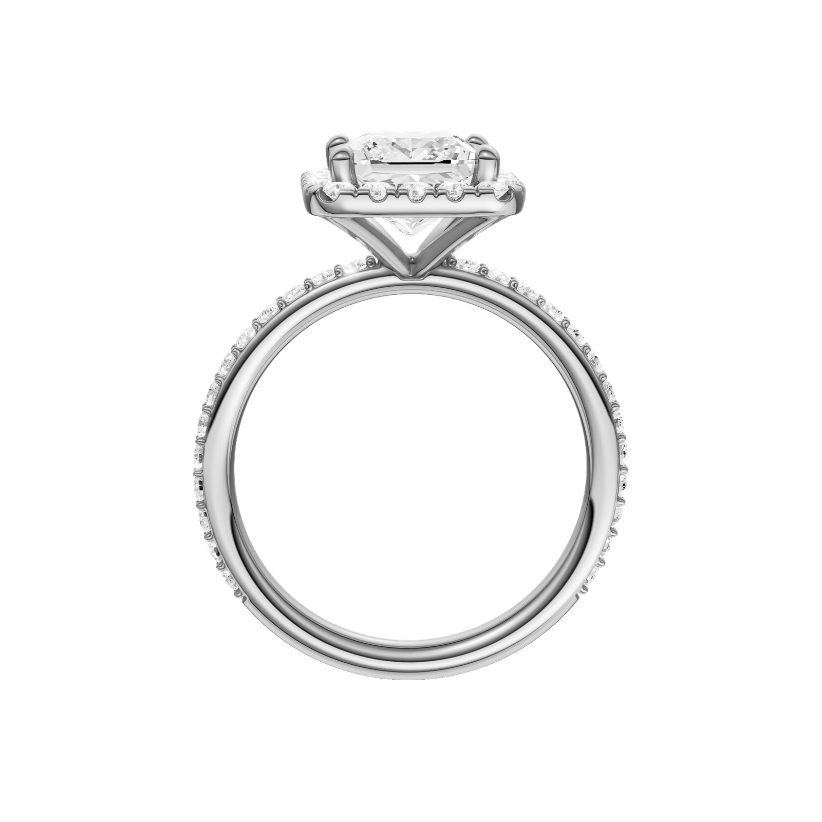 A profile view of the Princess cut diamond engagement ring in 14k white gold with a prong diamond band and cathedral setting