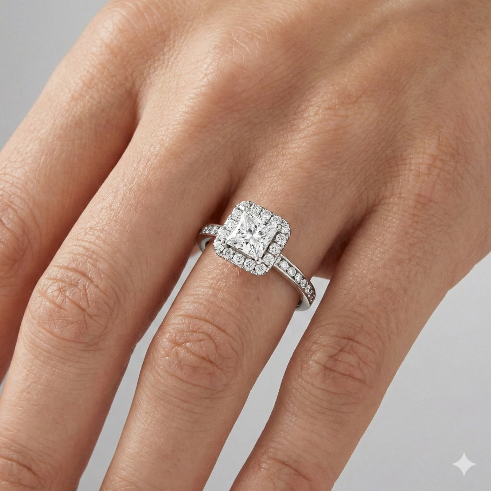 Princess cut diamond engagement ring in 14k white gold with a diamond channel band and cathedral setting on a hand