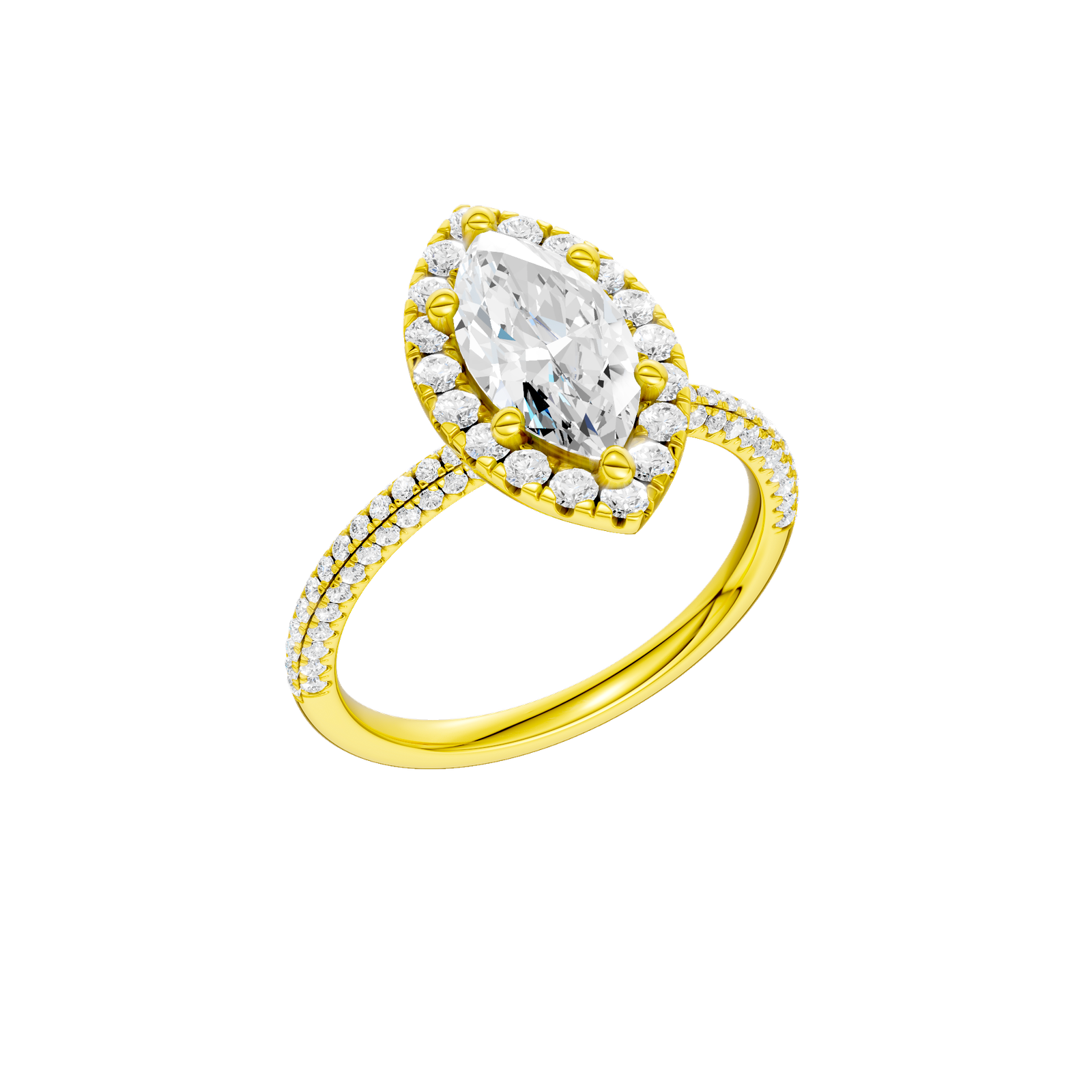 A three-quarter view of the Marquise cut diamond engagement ring in 14k yellow gold with a pavé diamond band and solitaire setting