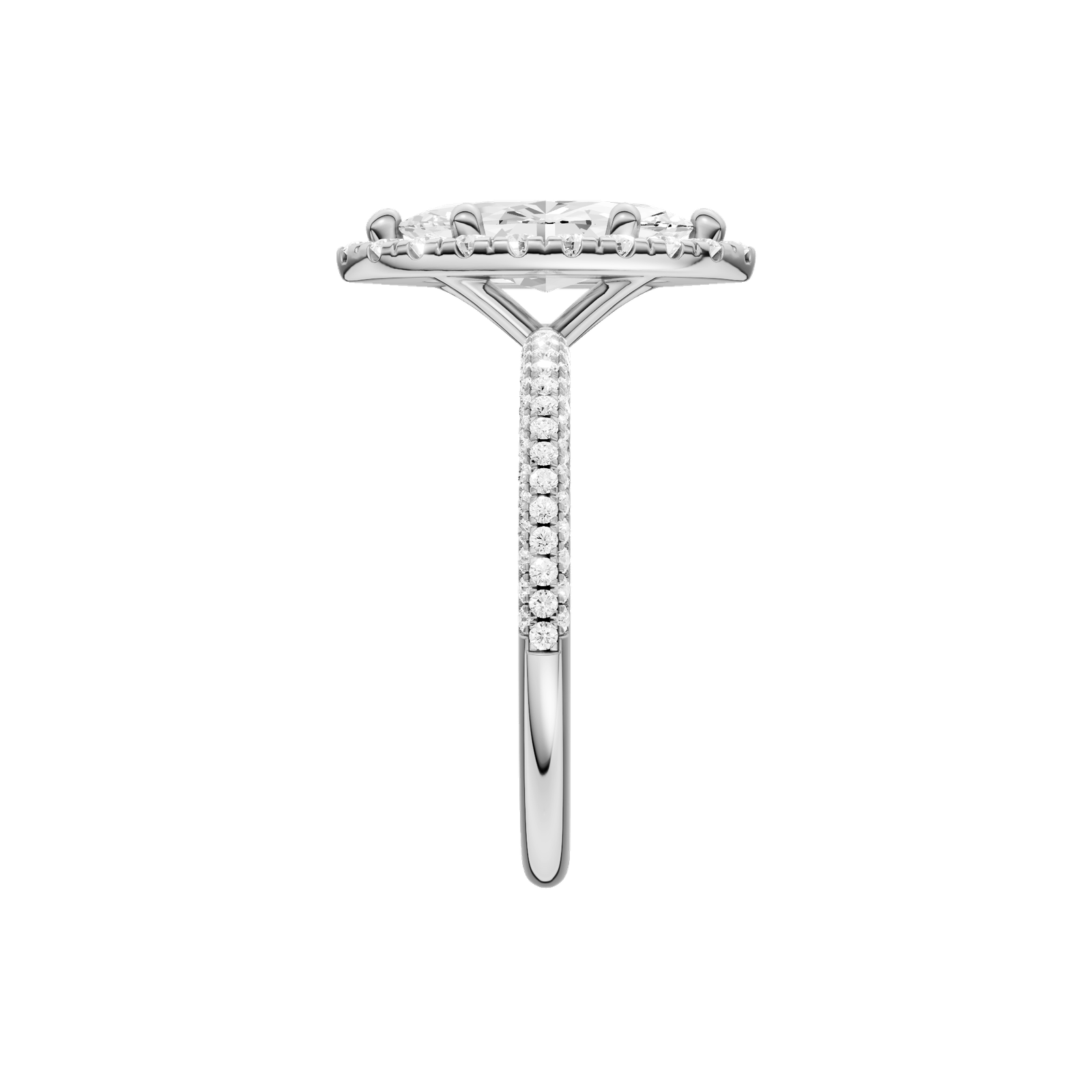 A side view of the Marquise cut diamond engagement ring in 14k white gold with a pavé diamond band and solitaire setting