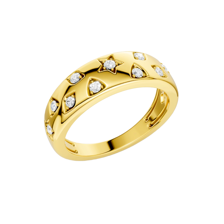 Close-up of the Amorati F O U R T E E N T H Collection Celestial Dome Ring, showcasing the scattered star insets and Colorless VS+ diamond constellation with Insured Free Shipping. Amorati’s signature F O U R T E E N T H Collection.