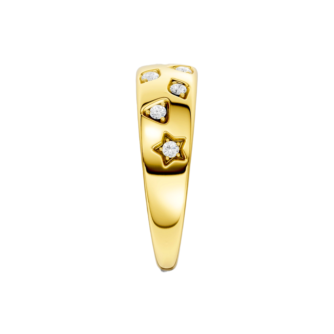 A high-polish 14k yellow gold dome ring by Amorati featuring scattered star and geometric insets with shimmering round-cut diamonds. Amorati’s signature F O U R T E E N T H Collection.