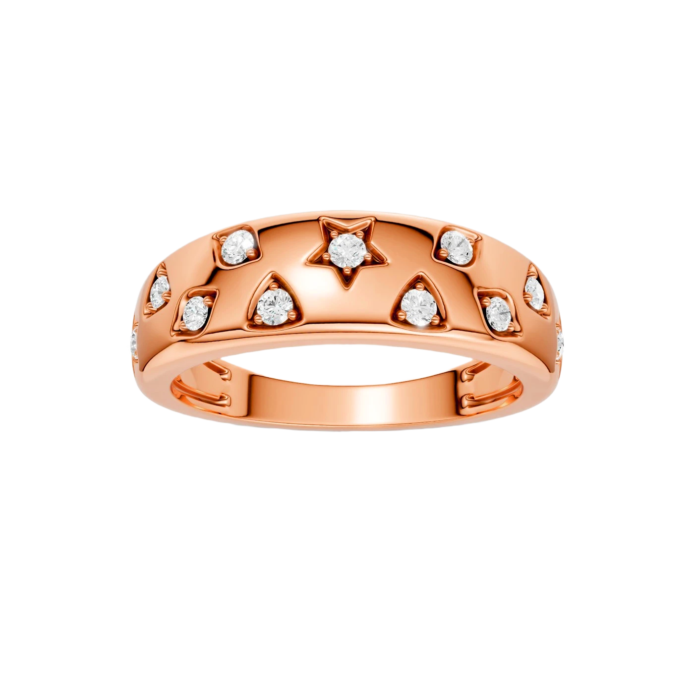 Front-facing view of the Fourteenth Collection multi-shape diamond dome ring in rose gold, featuring star-set and geometric bezel diamonds arranged across a bold, polished dome band.