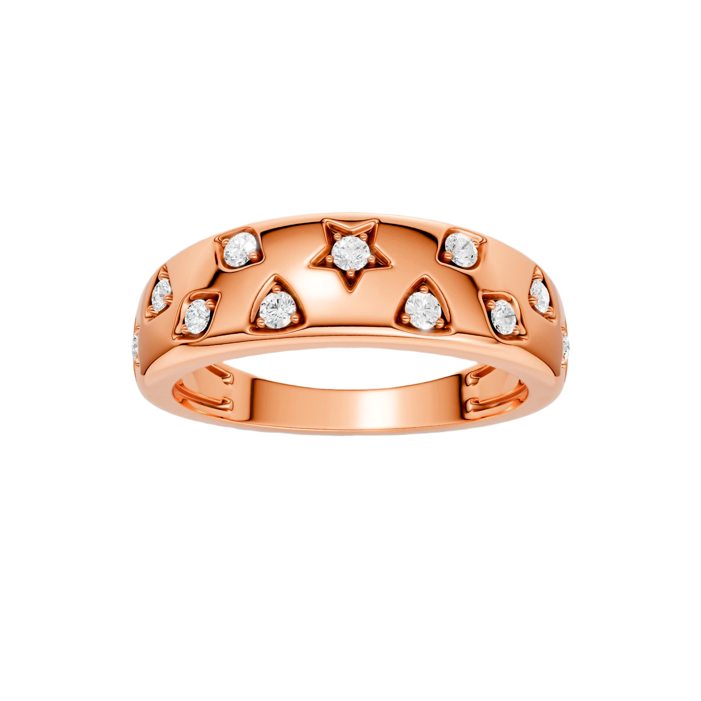 Solid 14K Rose Gold Star Studded Diamond Ring, featuring a pillowed dome silhouette and hand-vetted E-F VS+ brilliance. Secured with Insured Free Shipping.