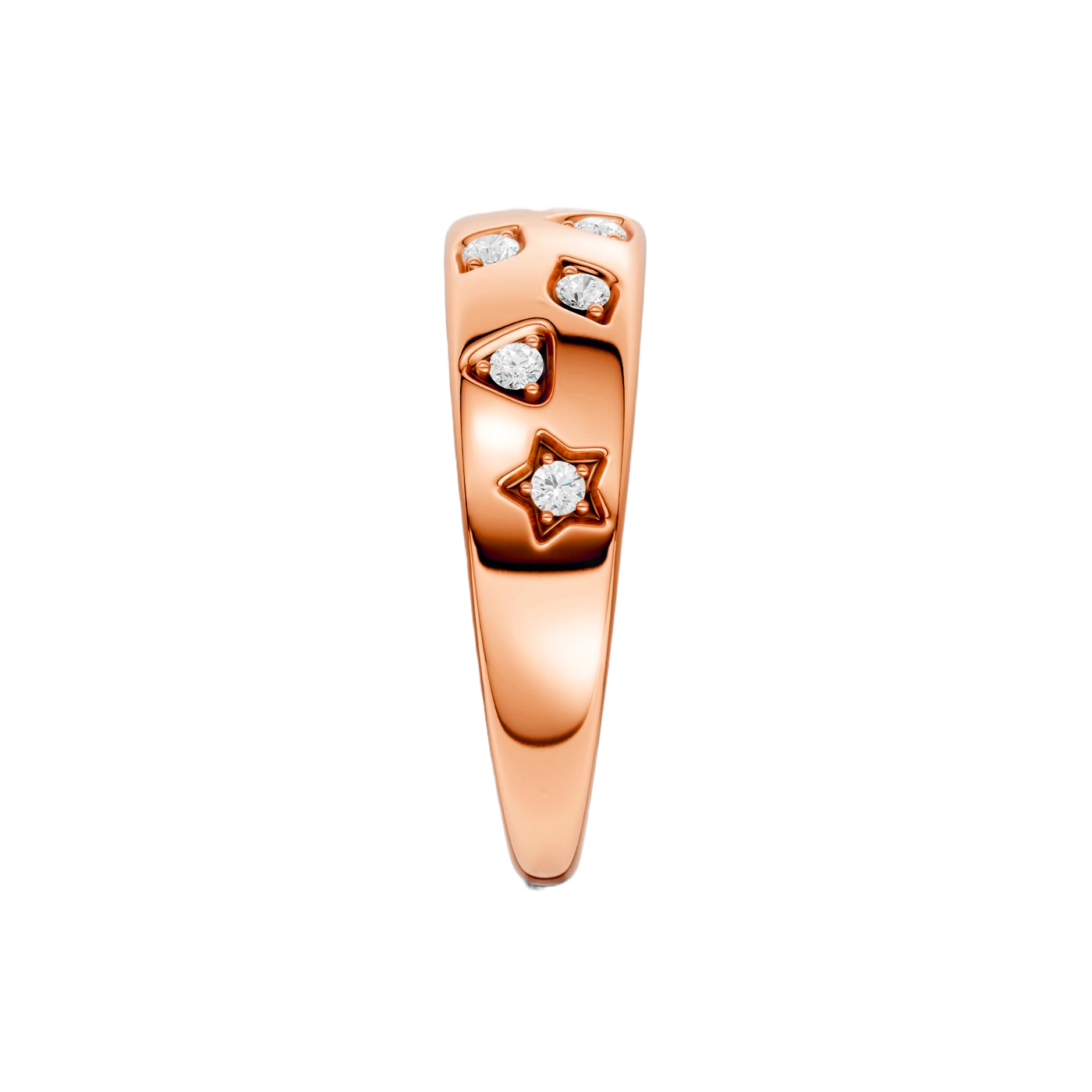 Side profile of the Fourteenth Collection rose gold diamond dome ring, highlighting star and geometric bezel-set diamonds embedded along a sculpted, high-polish rose gold band.