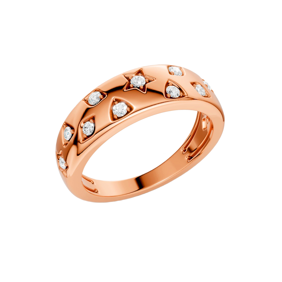Angled view of the Fourteenth Collection multi-shape diamond dome ring in polished rose gold, featuring star and geometric bezel-set round diamonds with high-shine metal detailing against a black background.