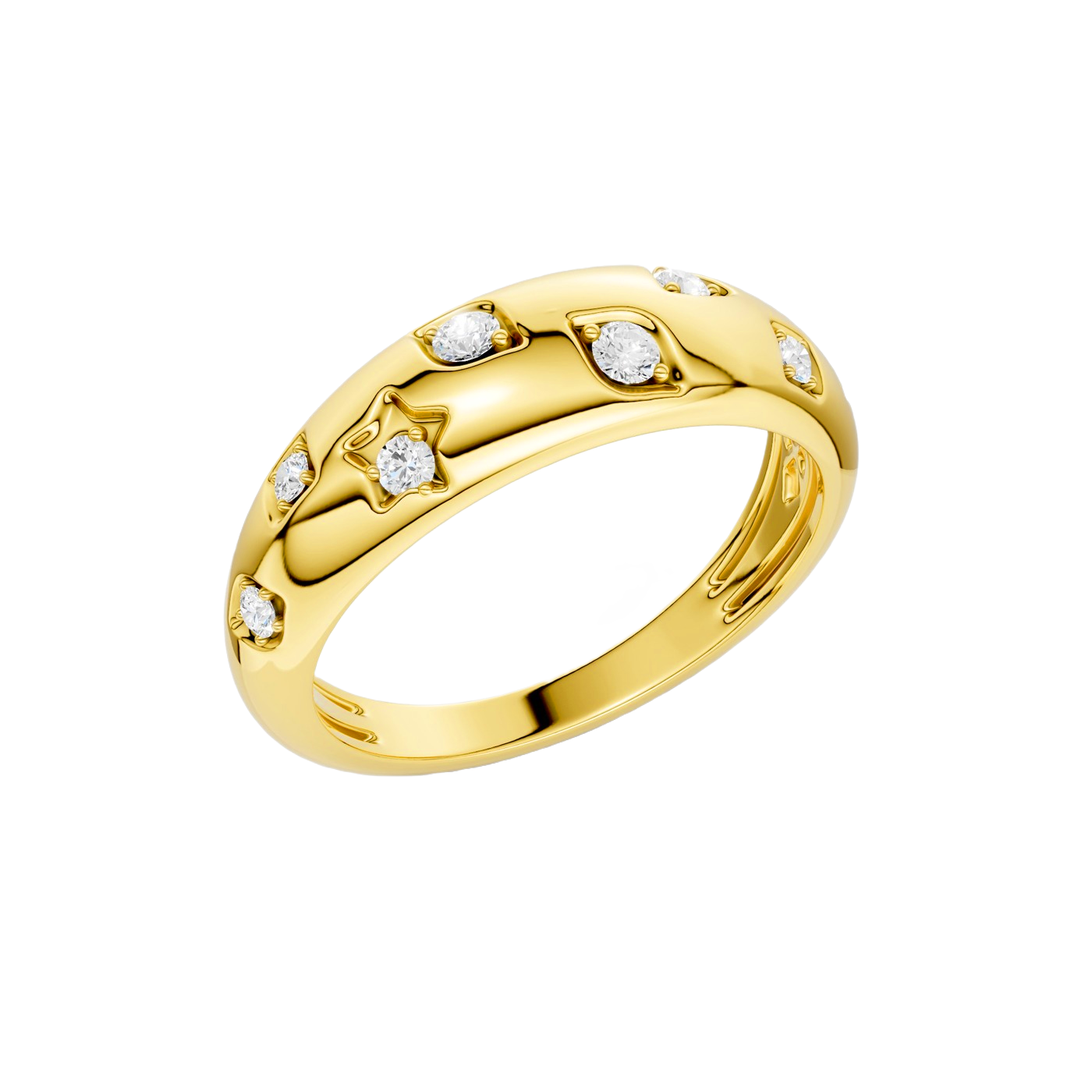 A high-polish 14k yellow gold dome ring by Amorati featuring scattered star and geometric insets with shimmering round-cut diamonds. Amorati’s signature F O U R T E E N T H Collection.