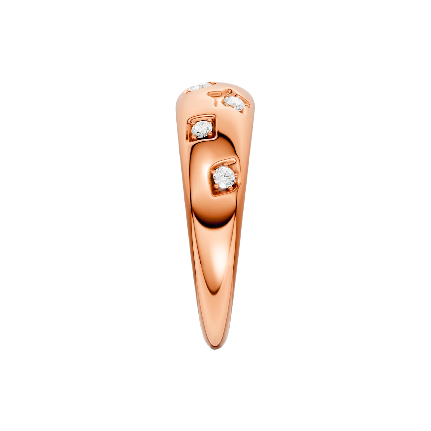 Side profile of the Fourteenth Collection rose gold studded diamond dome ring, showcasing bezel-set round diamonds embedded into a sculpted, high-polish rose gold band.