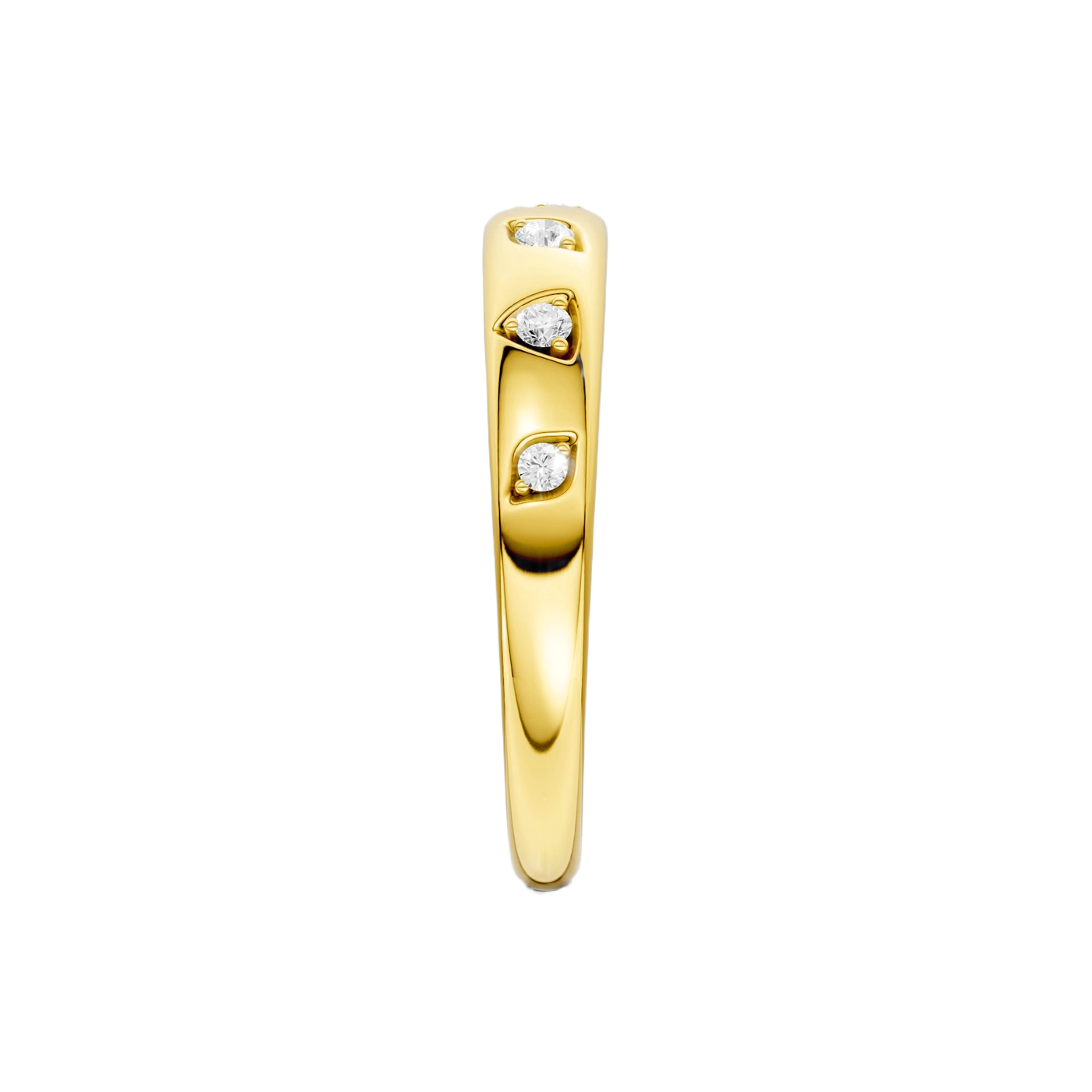 A slim 14k yellow gold stackable ring by Amorati featuring delicate star-shaped insets with shimmering round lab-grown diamonds. Amorati’s signature F O U R T E E N T H Collection.