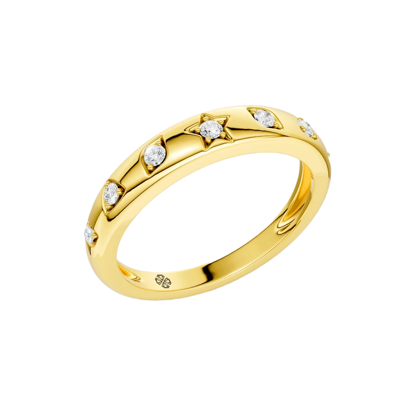 A slim 14k yellow gold stackable ring by Amorati featuring delicate star-shaped insets with shimmering round lab-grown diamonds. Amorati’s signature F O U R T E E N T H Collection.