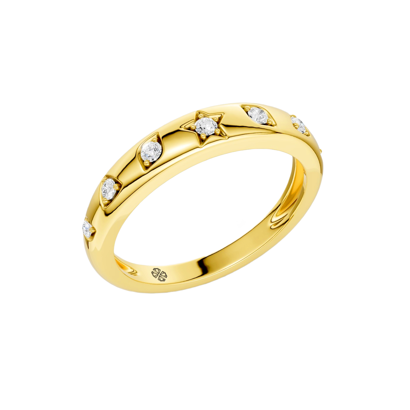 A slim 14k yellow gold stackable ring by Amorati featuring delicate star-shaped insets with shimmering round lab-grown diamonds. Amorati’s signature F O U R T E E N T H Collection.