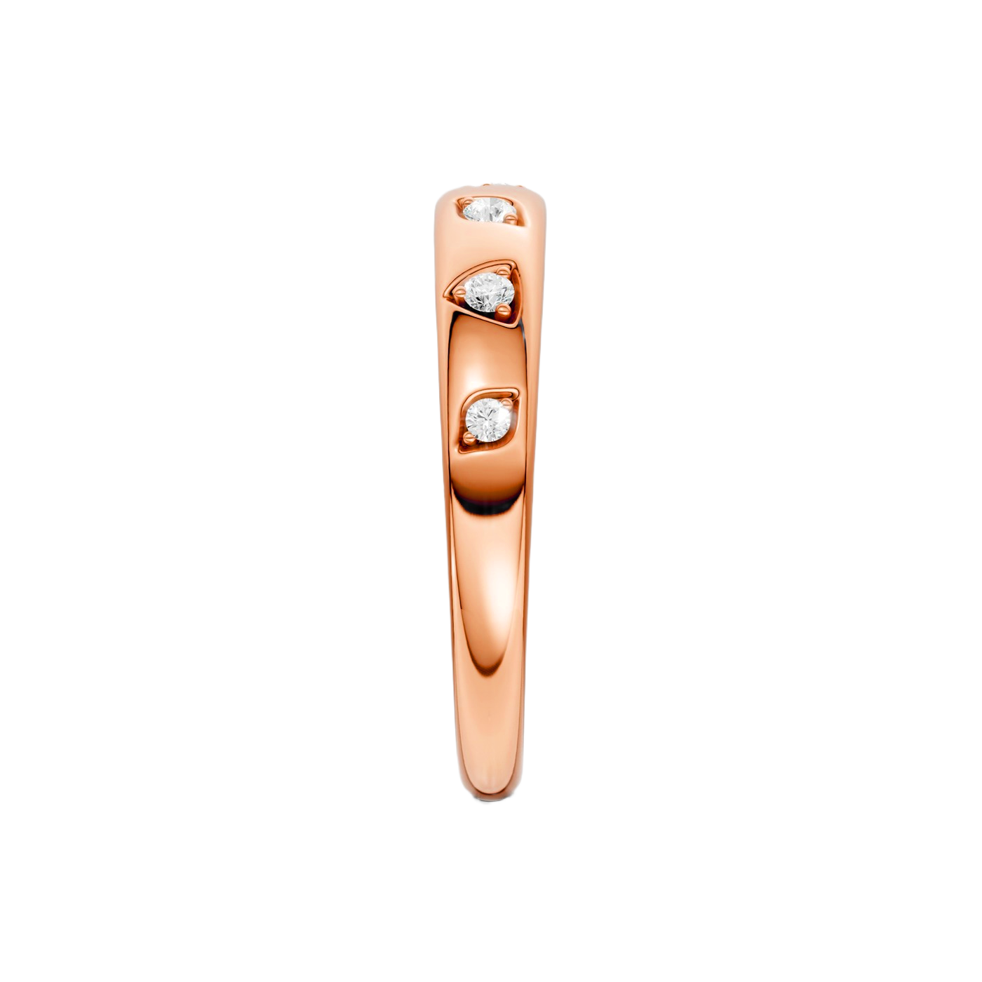 Side profile of the Fourteenth Collection rose gold geometric studded diamond stackable ring, highlighting bezel-set round diamonds embedded into a sleek, sculpted rose gold band.