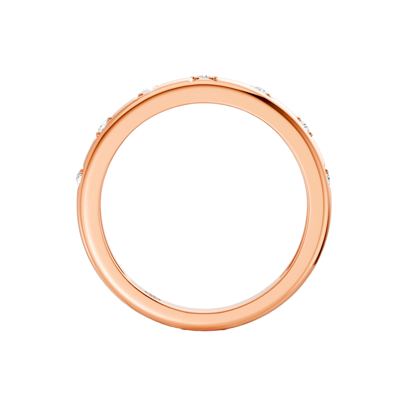 Interior back view of the Fourteenth Collection geometric studded diamond stackable ring crafted in rose gold, showcasing a smooth polished band with subtle diamond accents along the outer edge.