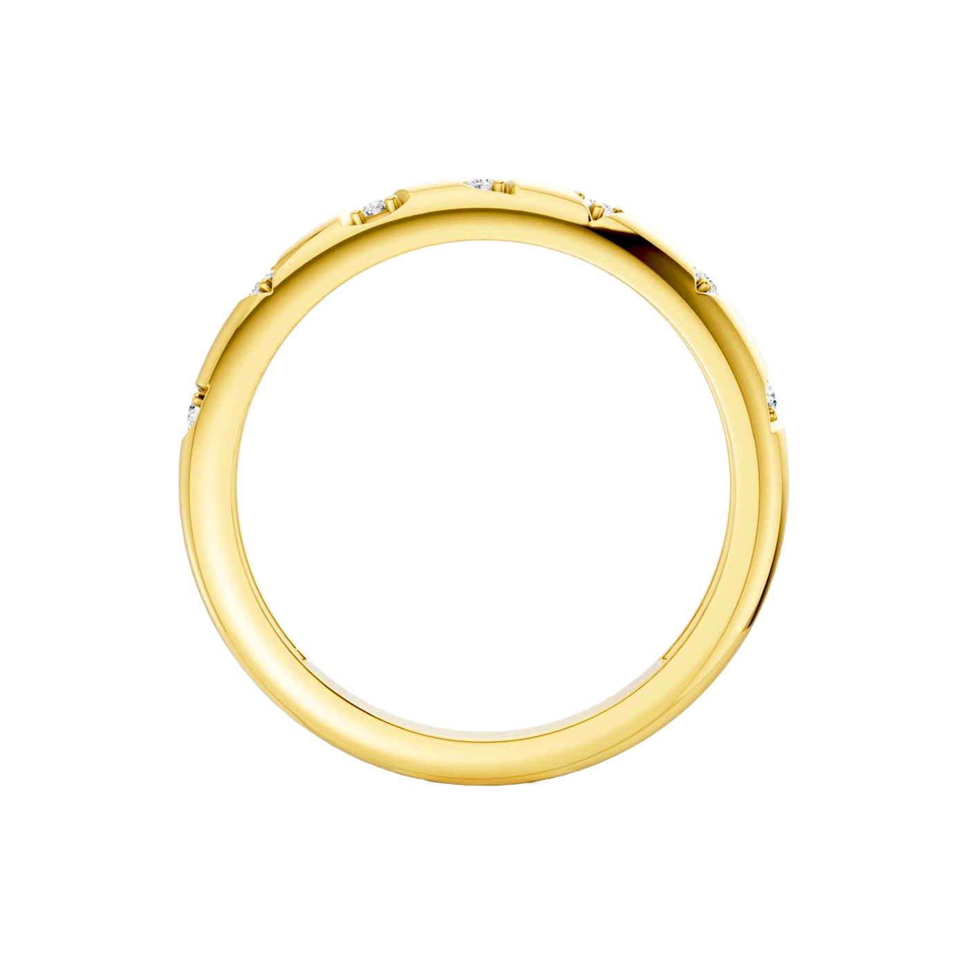 A high-polish, thin 14k yellow gold stackable ring by Amorati featuring tiny star-shaped insets with shimmering round lab-grown diamonds. Amorati’s signature F O U R T E E N T H Collection.