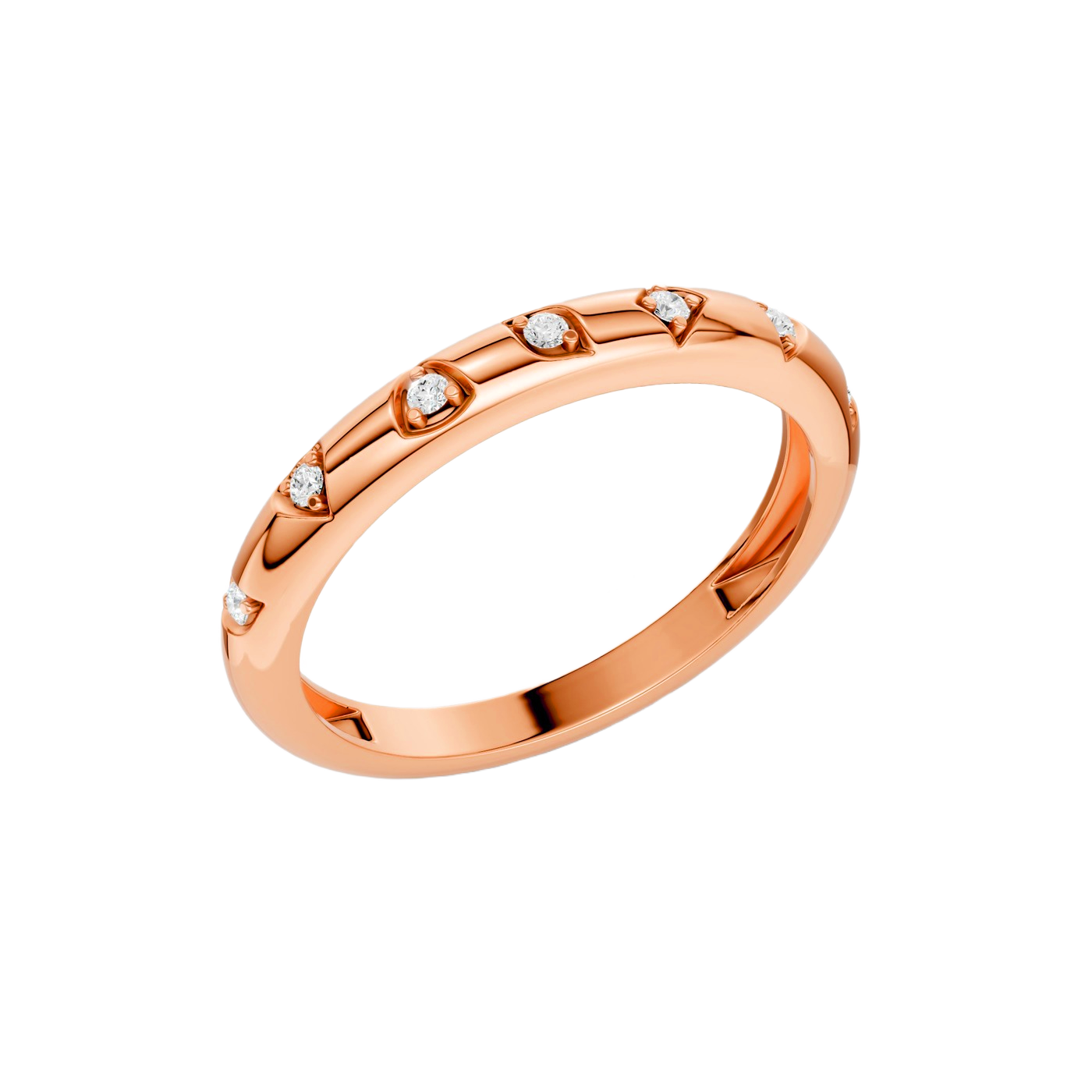 Angled view of the Fourteenth Collection micro studded diamond stackable thin ring in polished rose gold, featuring petite bezel-set round diamonds spaced evenly along a slim, high-shine band.