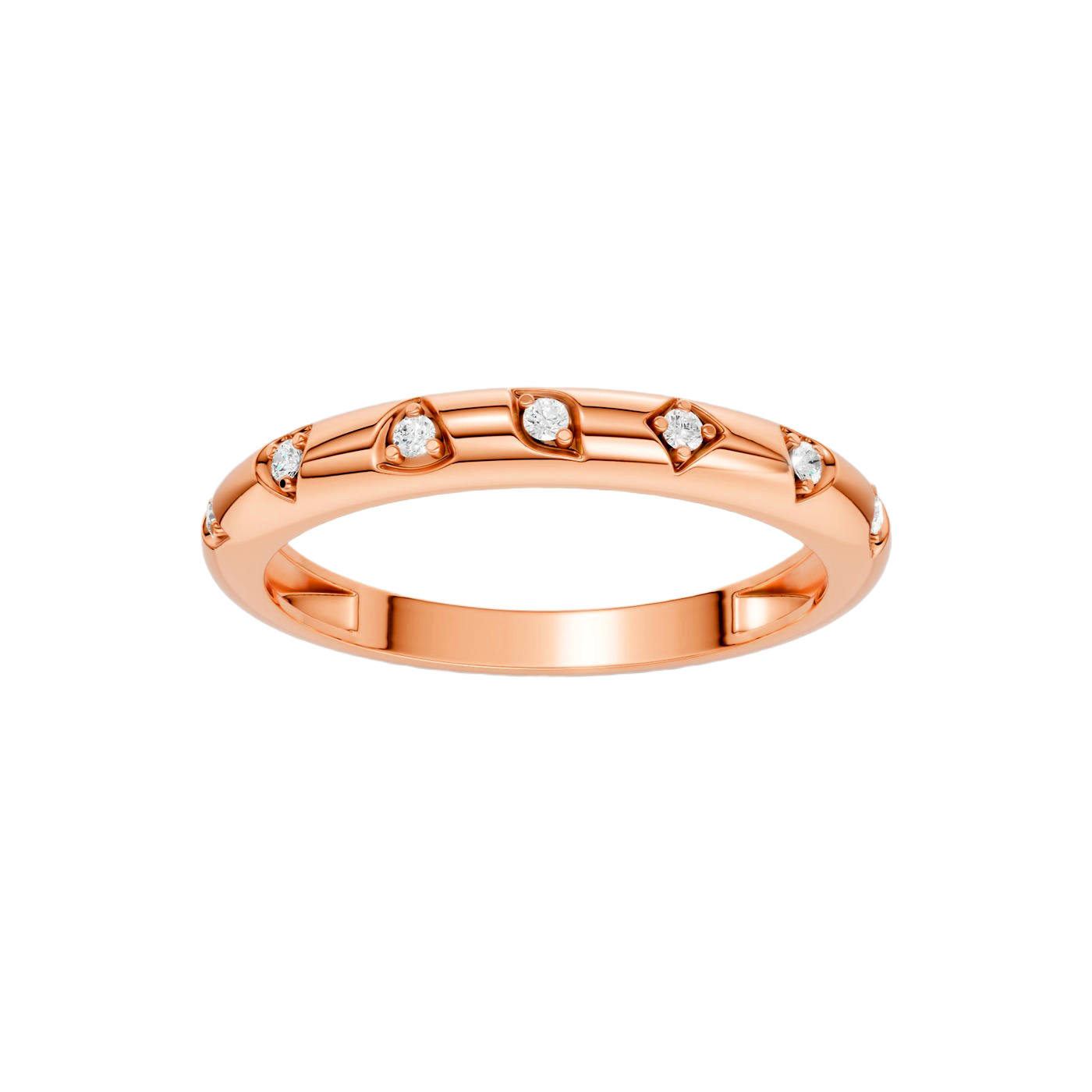 Front facing view of the Fourteenth Collection micro studded diamond stackable thin ring in rose gold, featuring evenly spaced bezel-set round diamonds across a refined, ultra-slim stackable silhouette.
