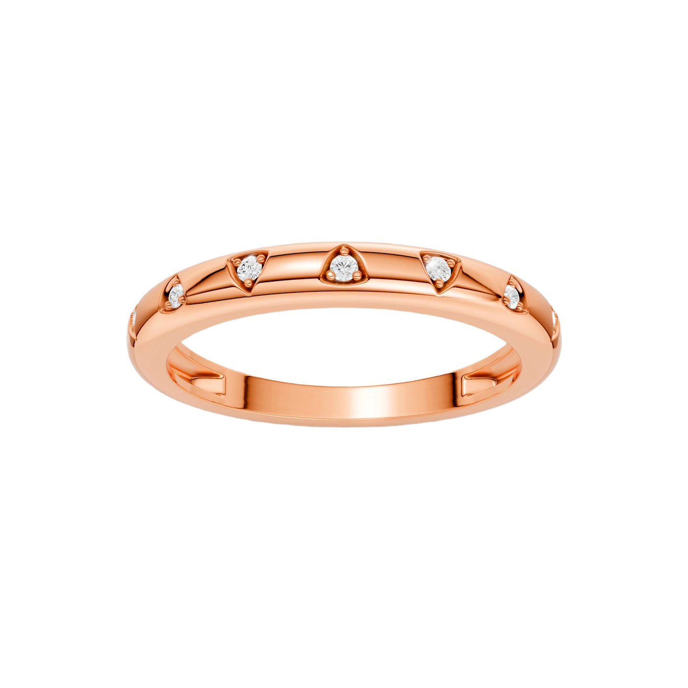 Front facing view of the Fourteenth Collection multi-shape studded diamond stackable ring in rose gold, featuring geometric bezel-set diamonds arranged across a clean, stackable silhouette.