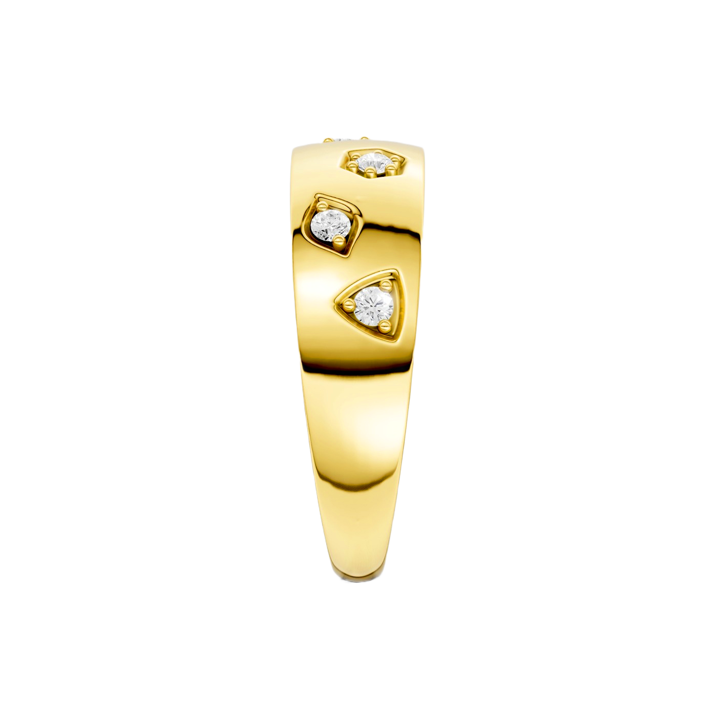 A bold, high-polish 14k yellow gold statement ring from the Amorati Fourteen Collection, featuring scattered star and geometric insets with shimmering round lab-grown diamonds.