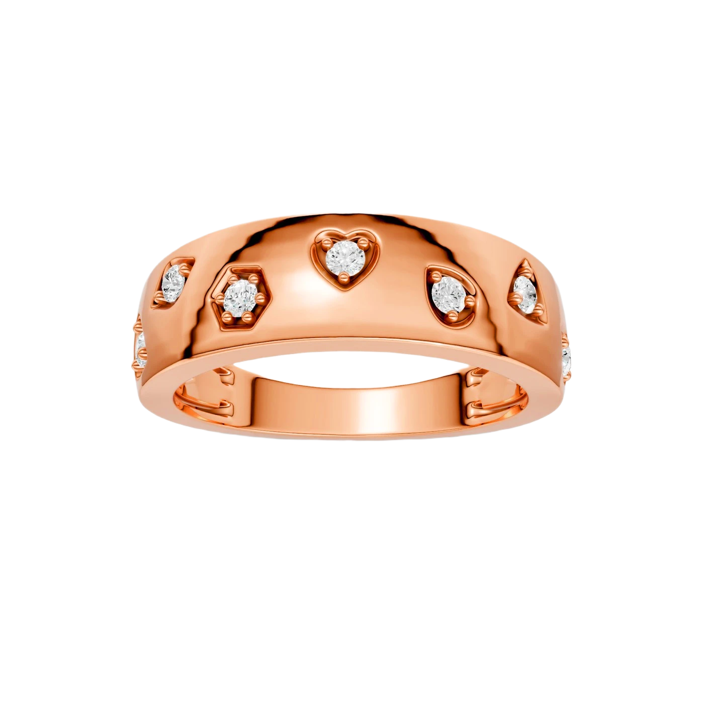 Top view of a bold 14K rose gold statement ring featuring round lab grown diamonds set in mixed geometric and heart shaped bezels