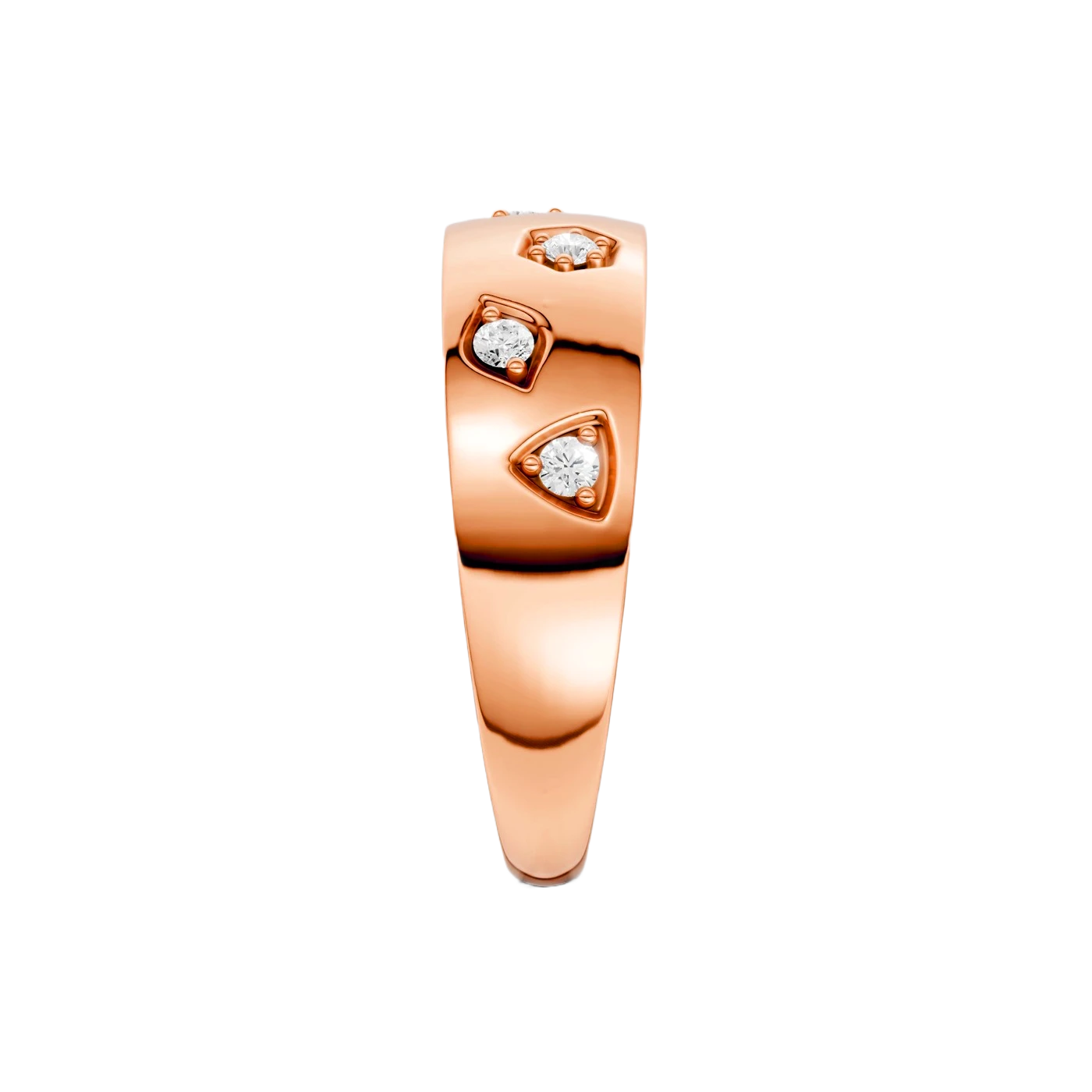 Side profile of a wide 14K rose gold multi shape studded diamond statement ring