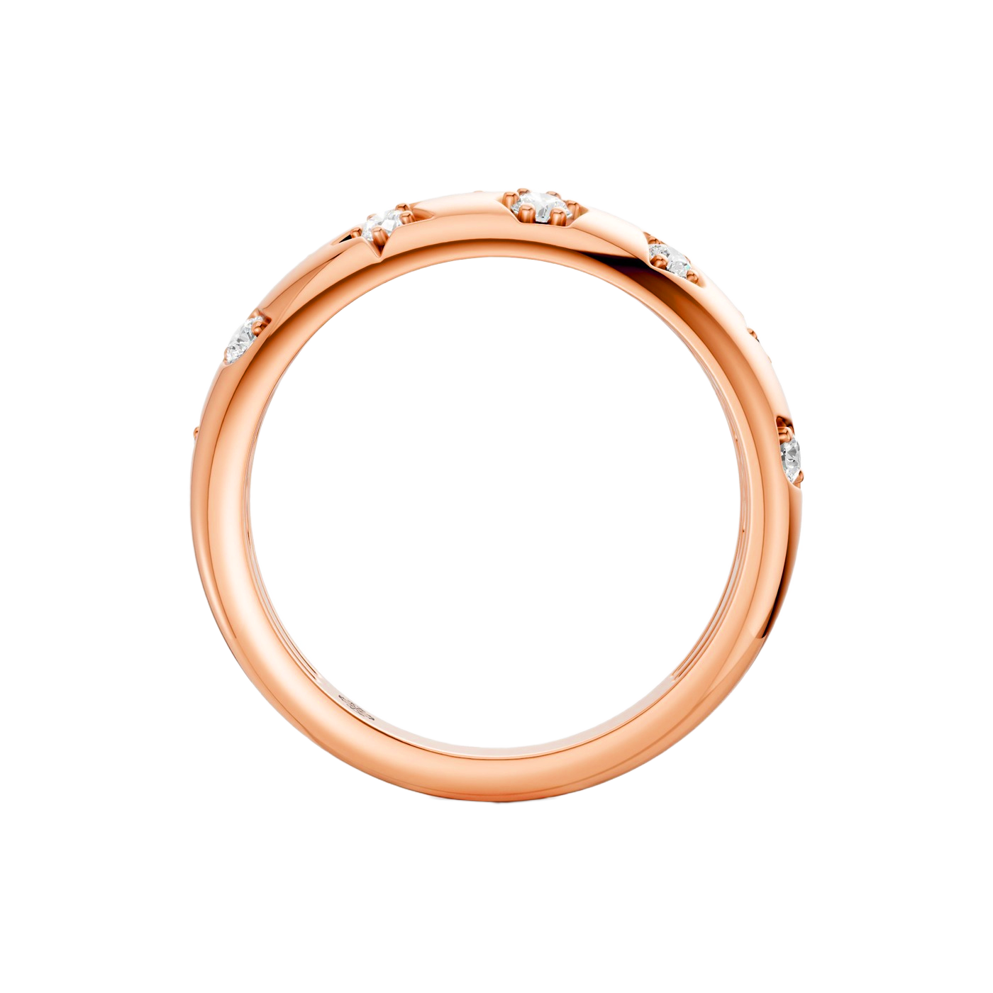 Interior back view of the Fourteenth Collection star studded diamond ring crafted in rose gold, showcasing a smooth polished interior band with diamond accents visible along the outer edge.