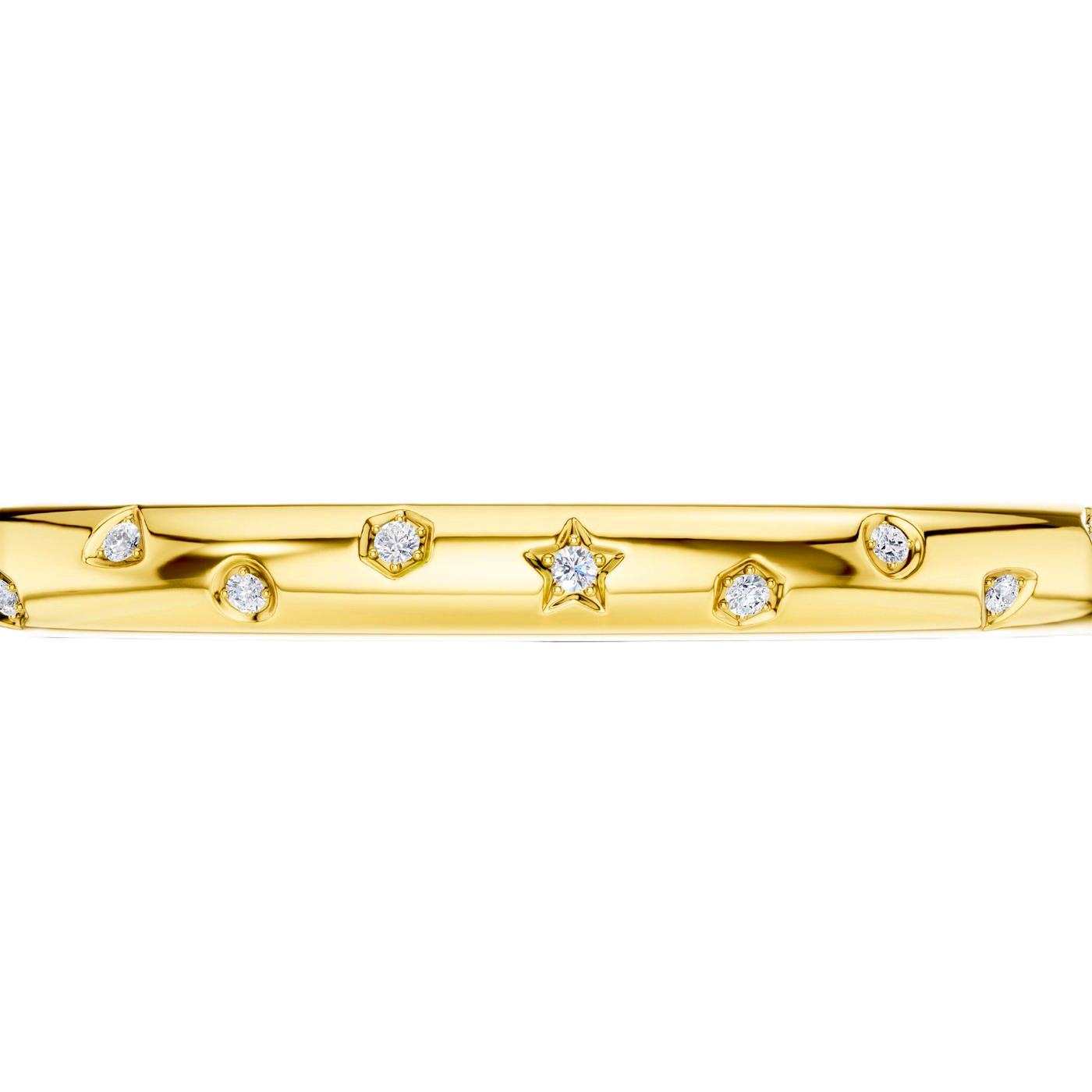 A bold, high-polish 14k yellow gold statement bangle by Amorati featuring scattered star and geometric insets with shimmering round-cut lab-grown diamonds. Amorati’s signature F O U R T E E N T H Collection