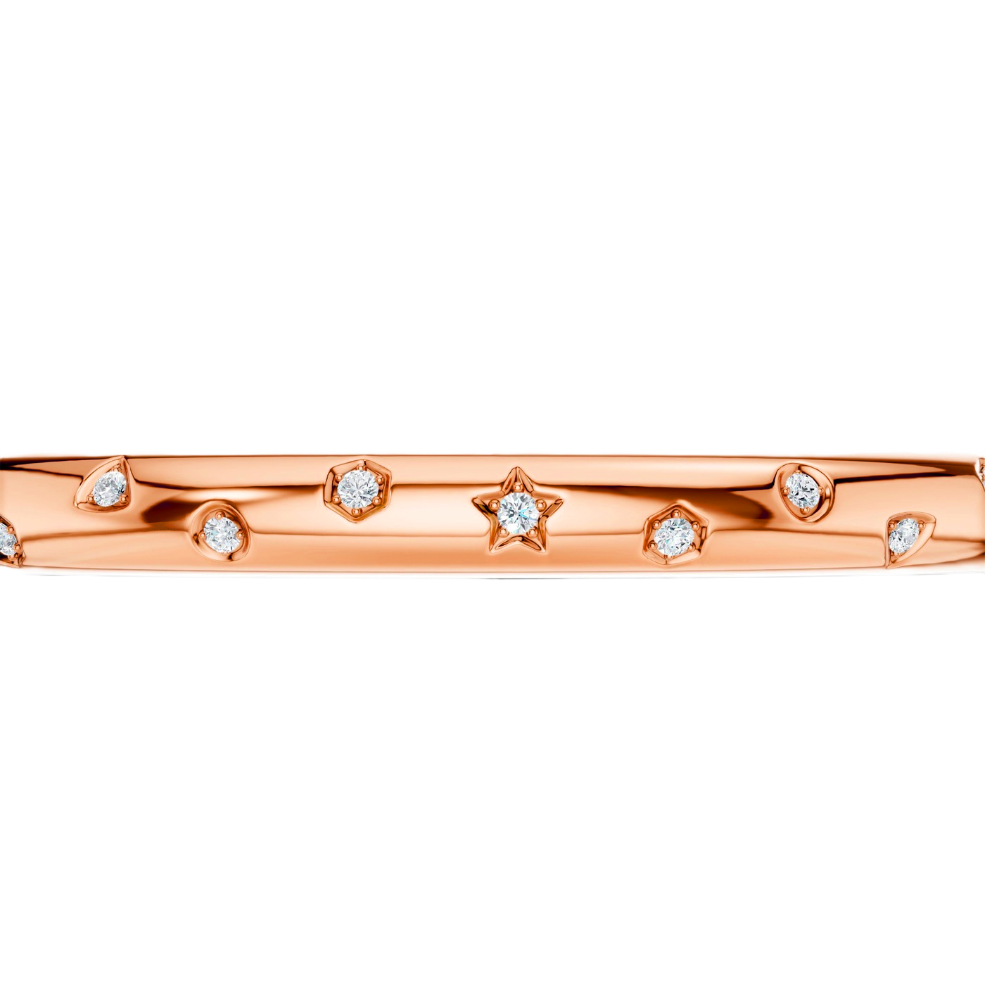 A bold, high-polish 14k rose gold statement bangle by Amorati featuring scattered star and geometric insets with shimmering round-cut lab-grown diamonds. Amorati’s signature F O U R T E E N T H Collection