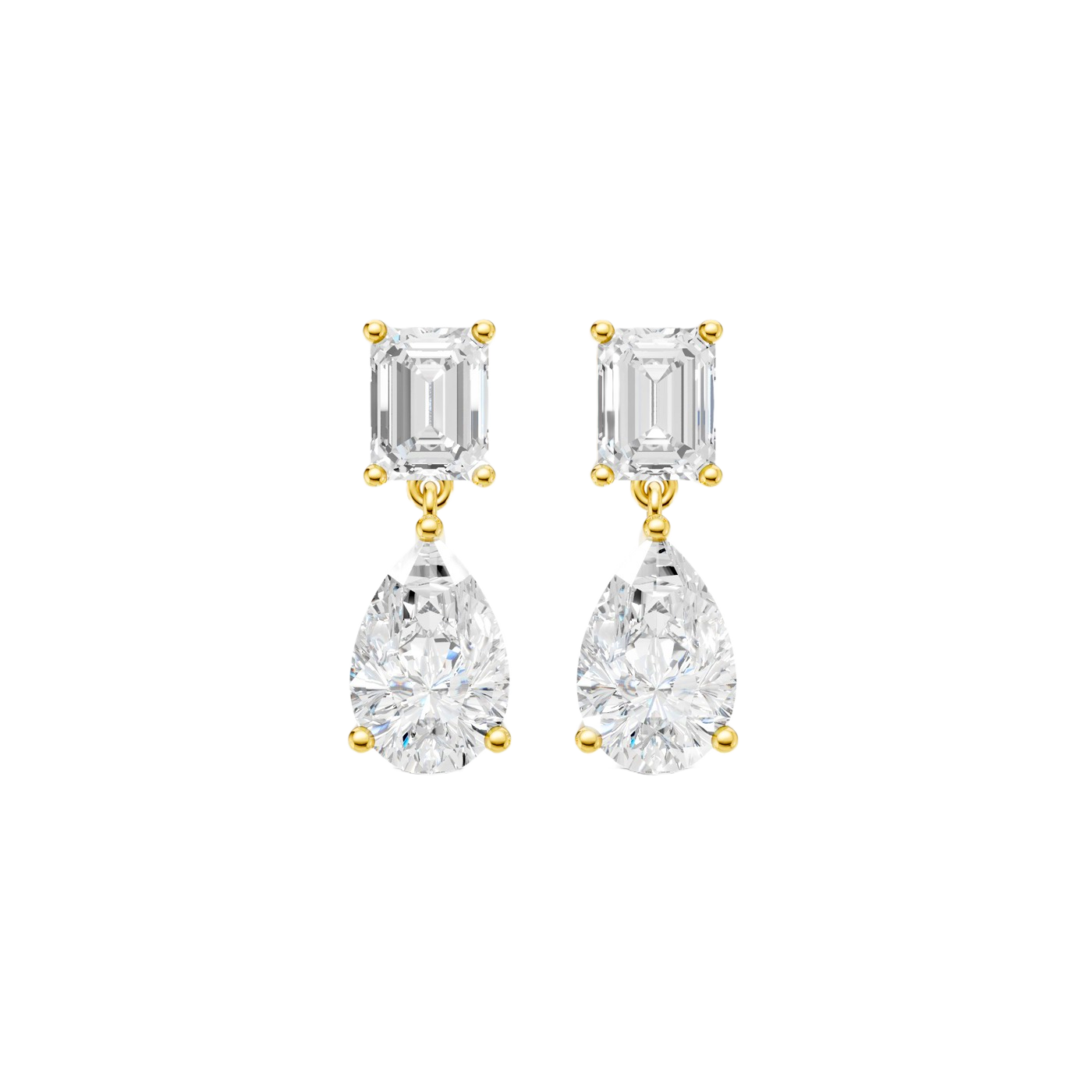 High-polish 14k yellow gold drop earrings by Amorati featuring a mismatched emerald-cut and pear-cut lab-grown diamond for a modern look.