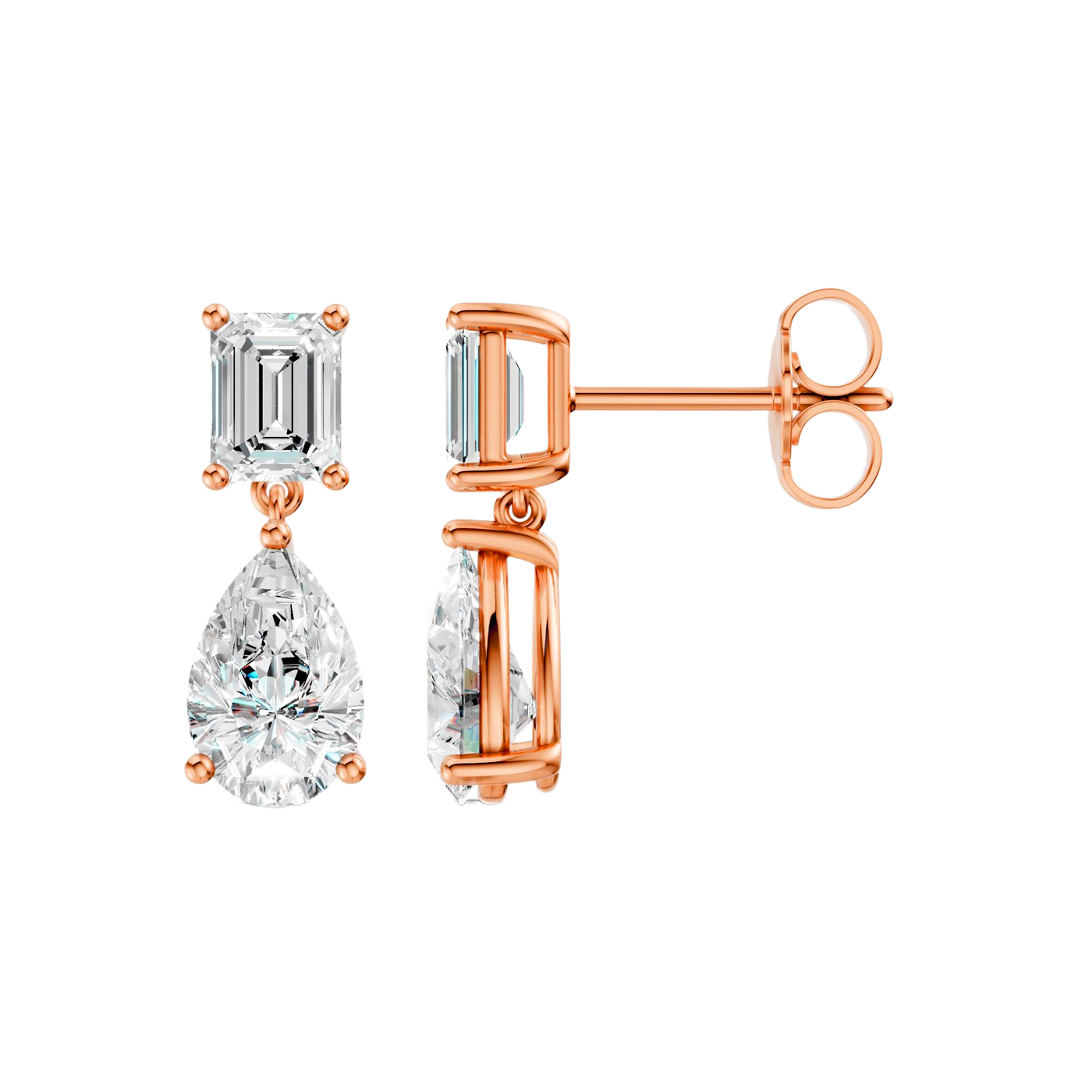 High-polish 14k rose gold drop earrings by Amorati featuring a mismatched emerald-cut and pear-cut lab-grown diamond for a modern look.