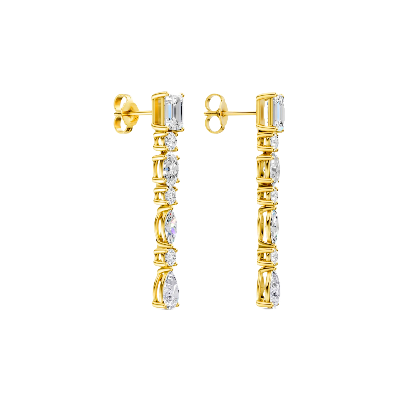 High-polish 14k yellow gold drop earrings by Amorati featuring a vertical dangle of emerald, marquise, oval, pear, and round-cut lab-grown diamonds.