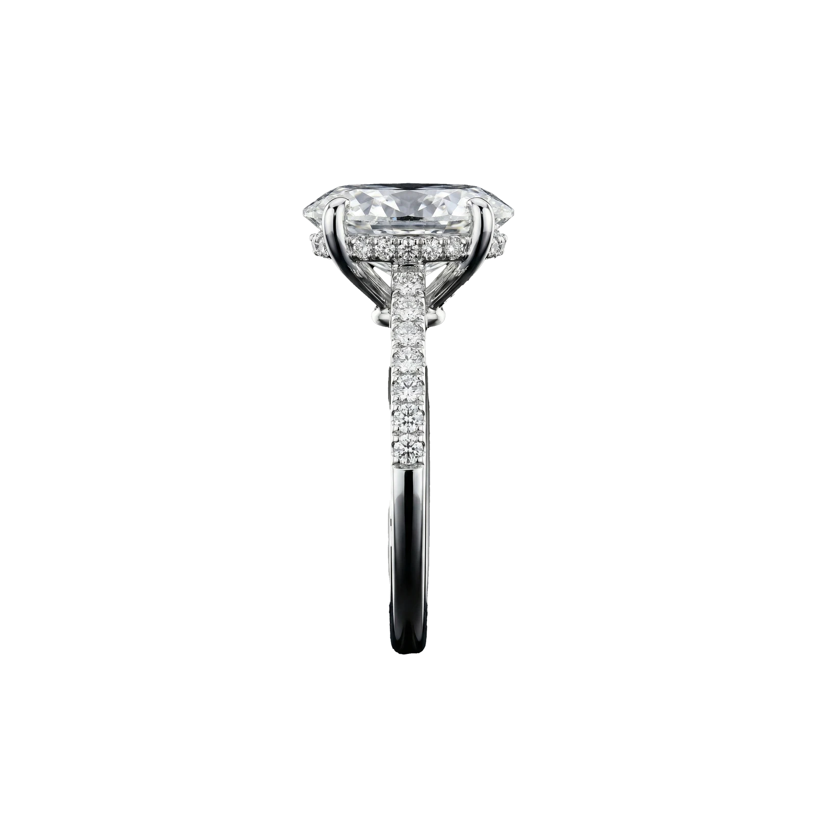 A side view of The Empress Oval engagement ring by Amorati, showcasing a commanding 5-carat oval-cut diamond designed to elongate the finger and deliver exceptional surface-area sparkle.