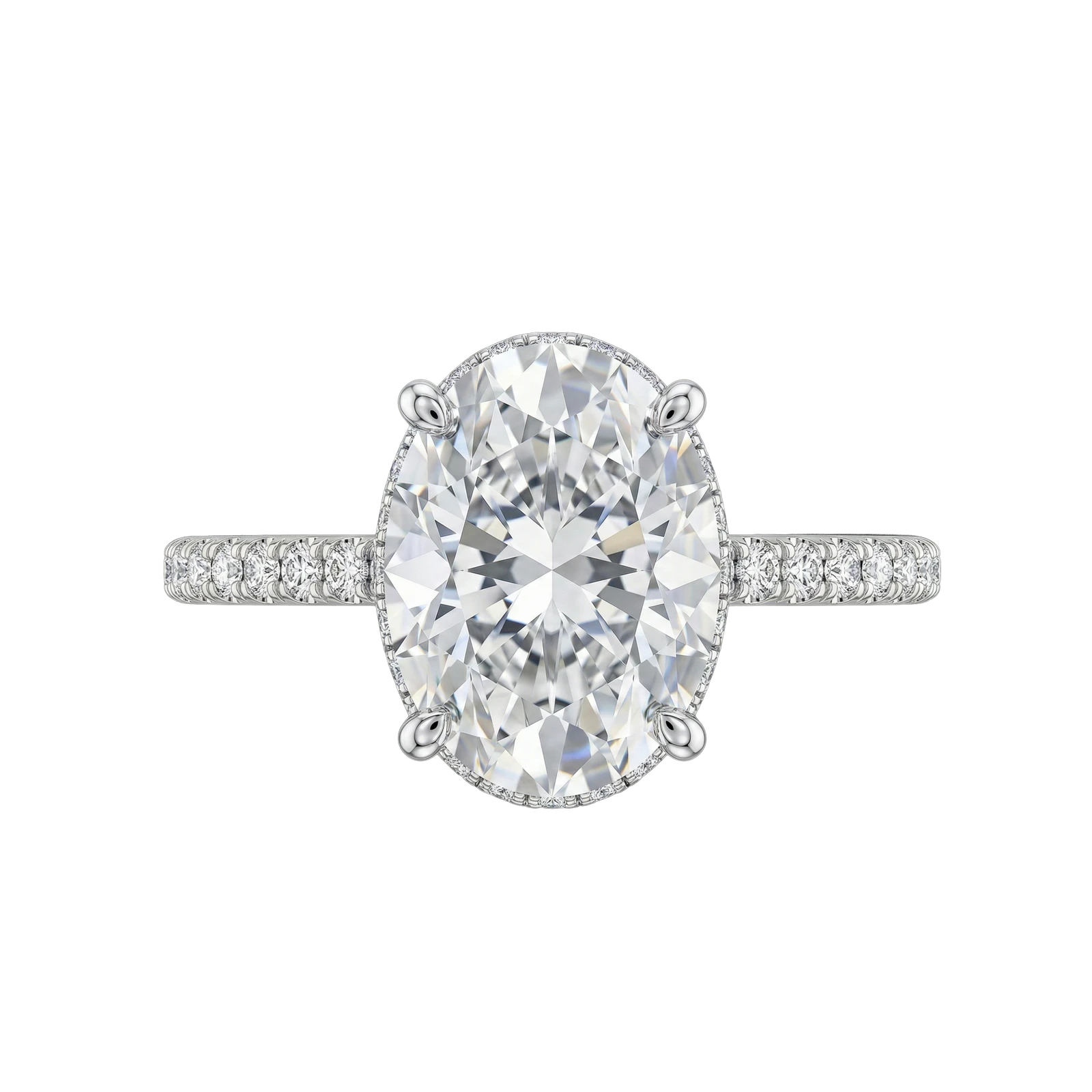 A top view of The Empress Oval engagement ring by Amorati, showcasing a commanding 5-carat oval-cut diamond designed to elongate the finger and deliver exceptional surface-area sparkle.
