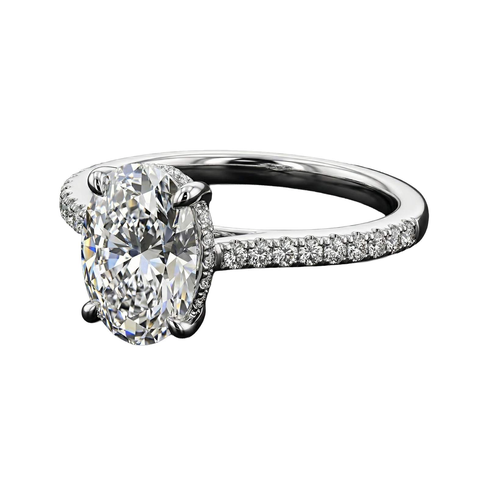 An angled view of The Empress Oval engagement ring by Amorati, showcasing a commanding 5-carat oval-cut diamond designed to elongate the finger and deliver exceptional surface-area sparkle.