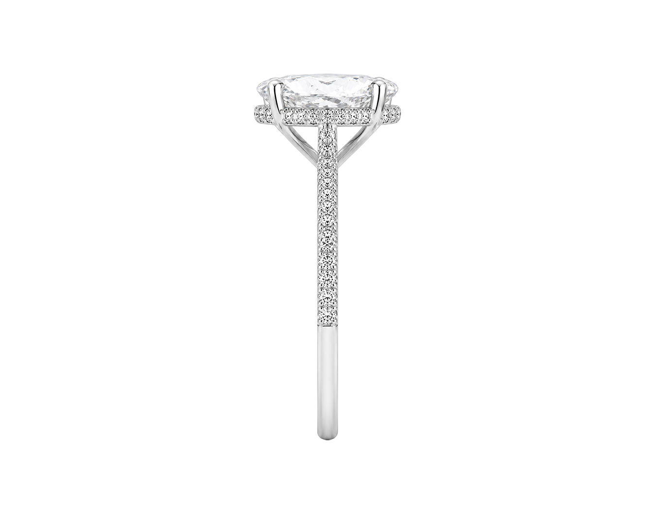 A side view of The Empress Oval engagement ring by Amorati, showcasing a commanding 5-carat oval-cut diamond designed to elongate the finger and deliver exceptional surface-area sparkle.