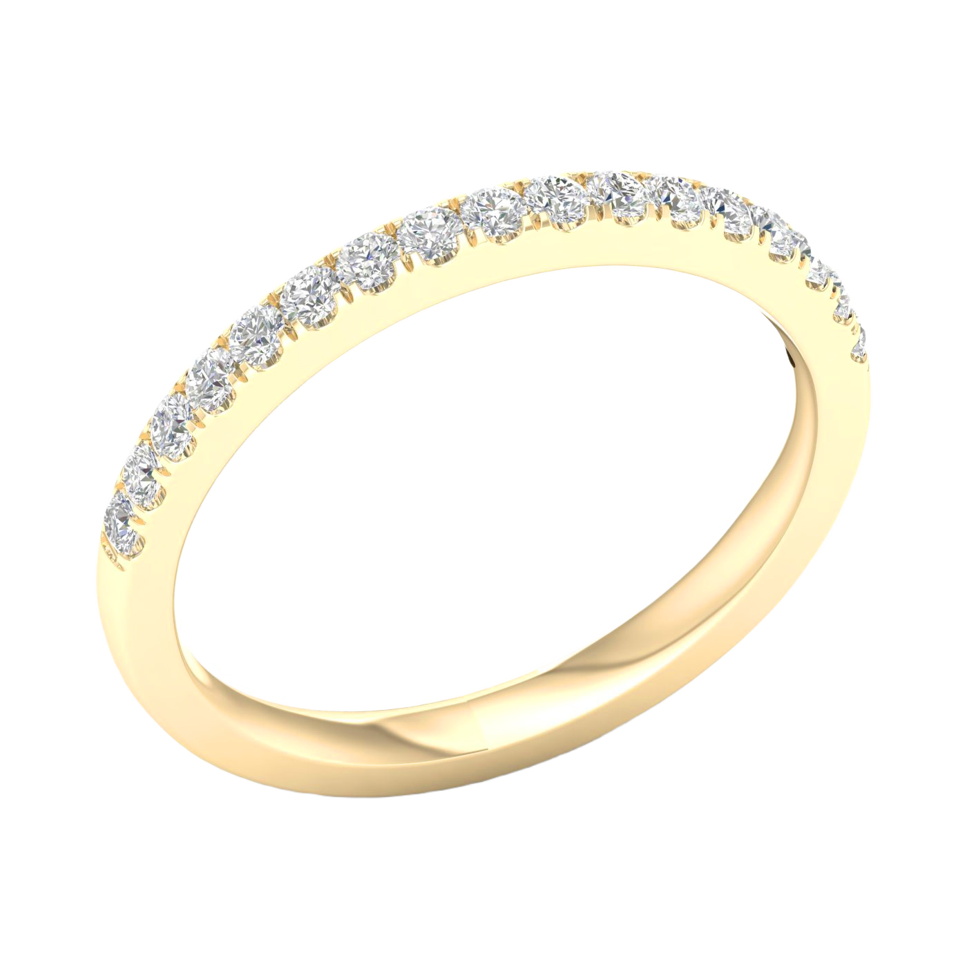 A delicate 14k yellow gold wedding band featuring 0.25 total carats of radiant round-cut lab-grown diamonds in a classic half eternity setting.