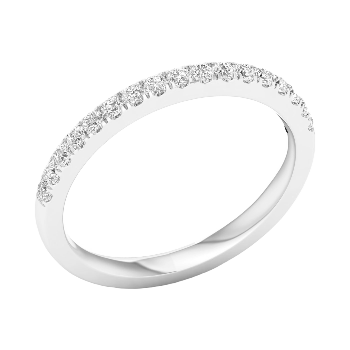 A refined 14k white gold half eternity ring showcasing a shimmering row of premium round-cut lab-grown diamonds for a sleek, monochromatic glow.