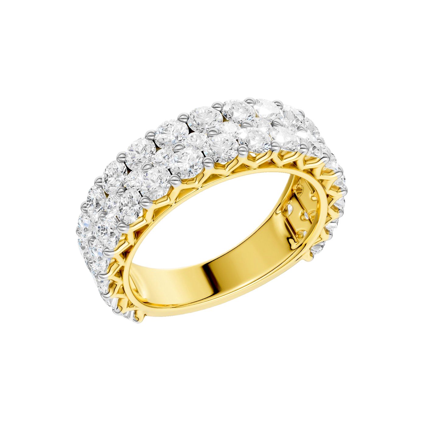 A breathtaking 14k yellow gold full eternity band featuring two rows of shimmering round-cut lab-grown diamonds totaling 3.0 carats.