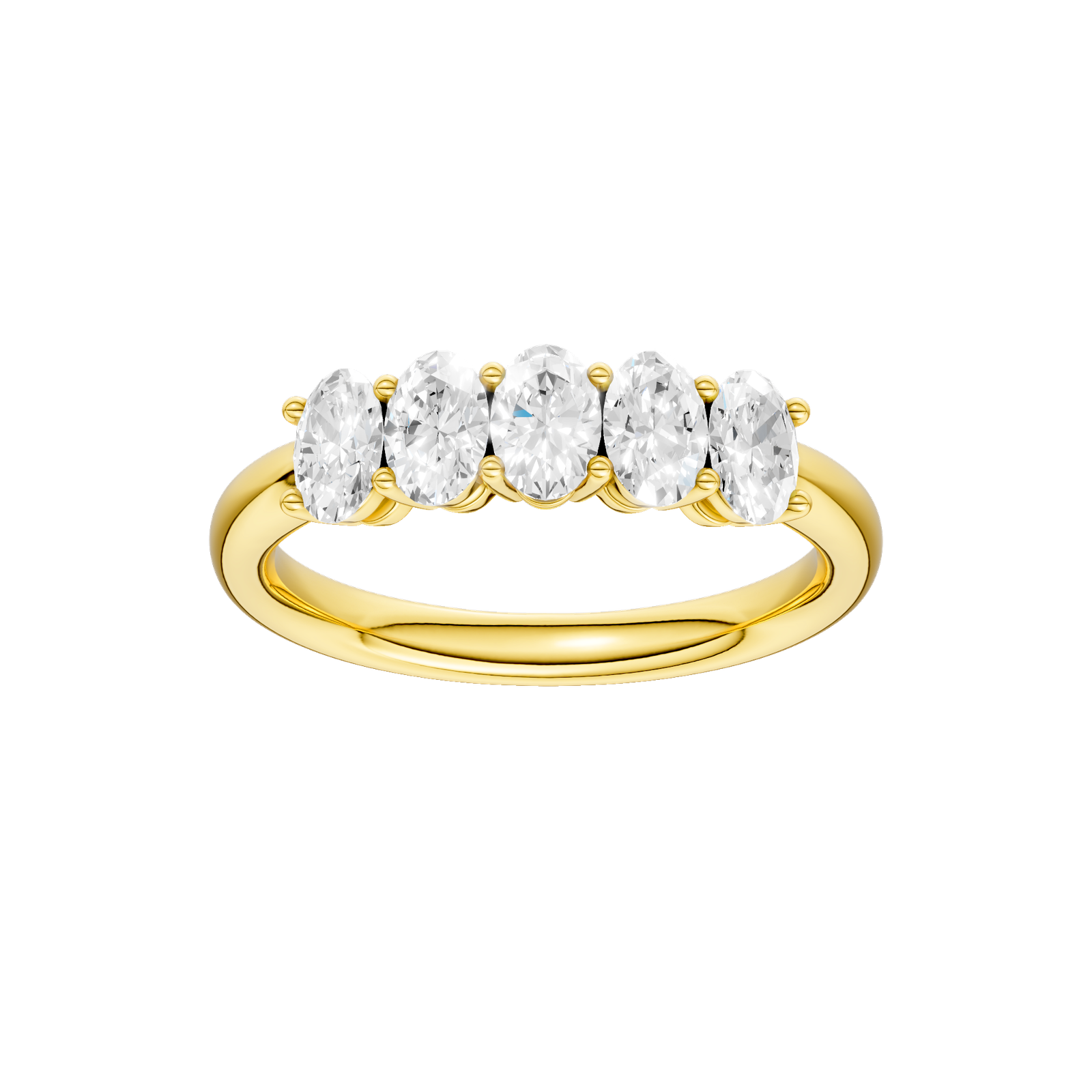 A 14k yellow gold wedding band featuring five shimmering oval-cut lab-grown diamonds in a classic 5-stone setting.