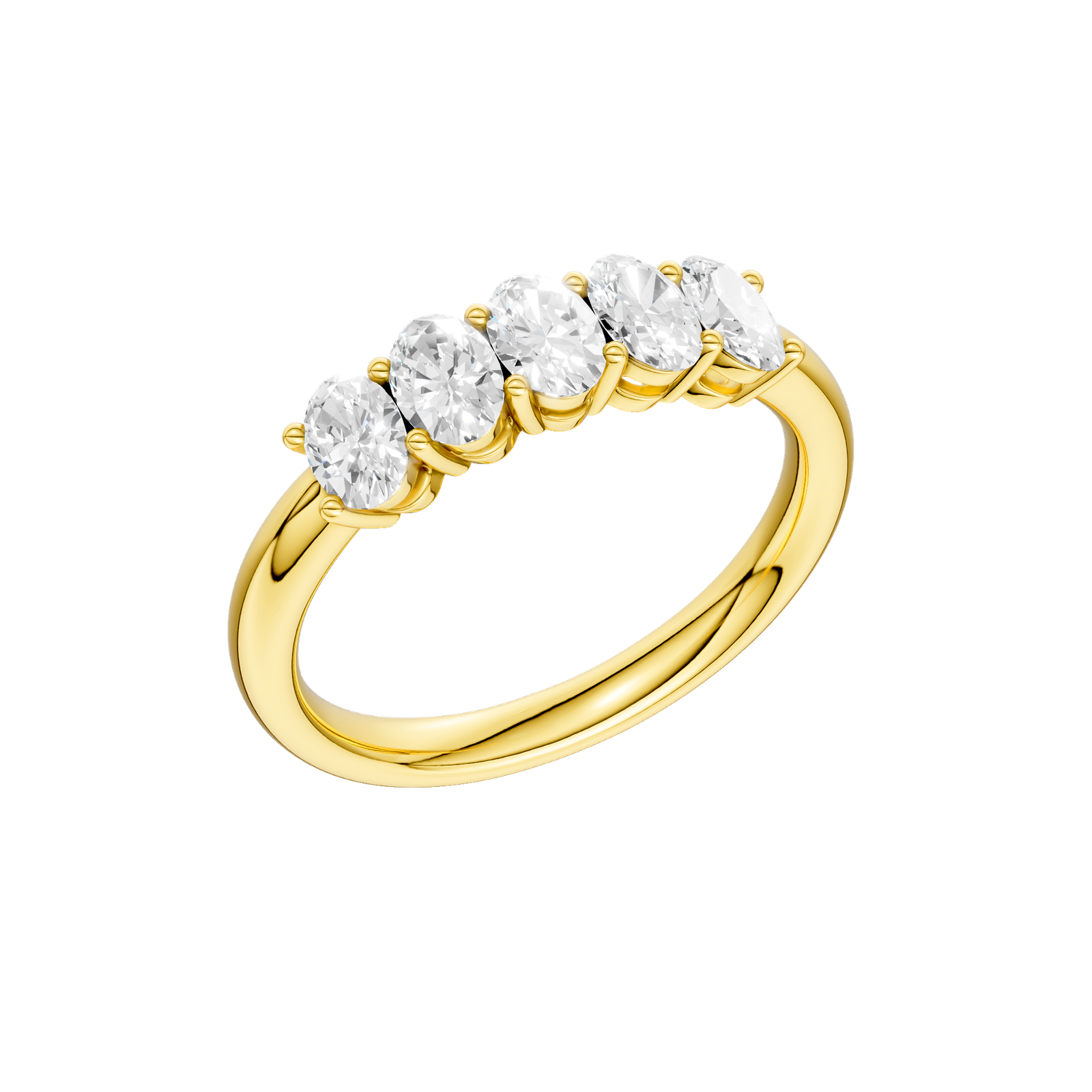 A 14k yellow gold wedding band featuring five shimmering oval-cut lab-grown diamonds in a classic 5-stone setting.