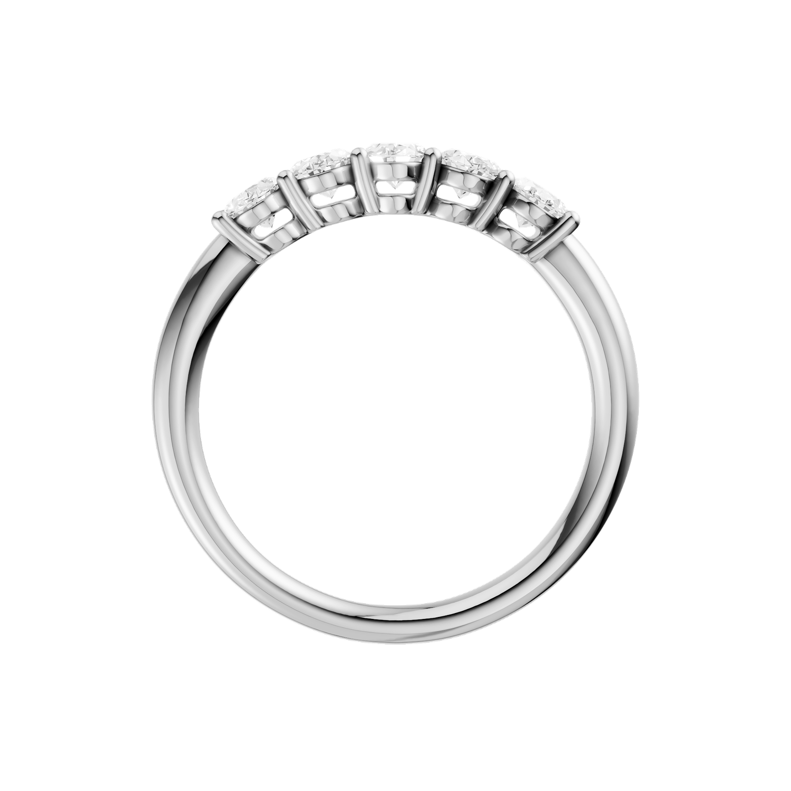 A sophisticated 14k white gold anniversary ring showcasing five premium oval-cut diamonds for a sleek, monochromatic glow.