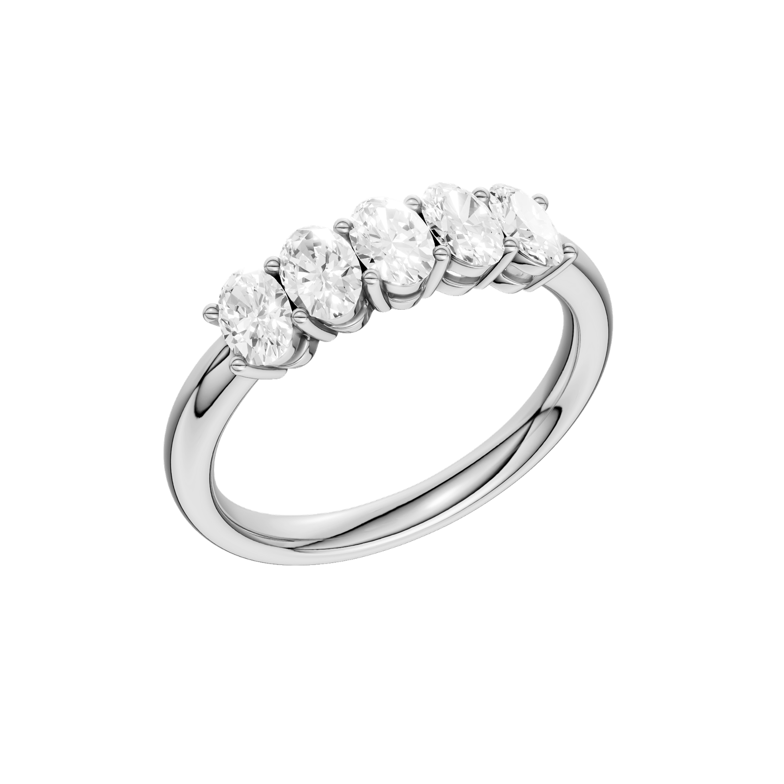 A sophisticated 14k white gold anniversary ring showcasing five premium oval-cut diamonds for a sleek, monochromatic glow.