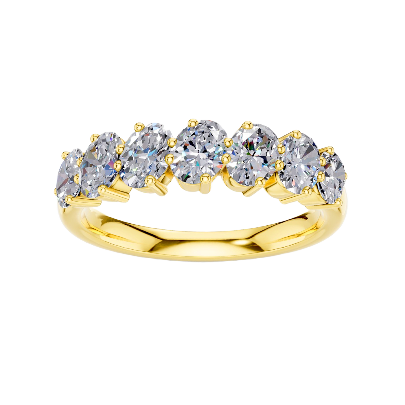 A luxurious 14k yellow gold 2/3 eternity wedding band featuring 1.0 total carat of graduated oval-cut lab-grown diamonds.