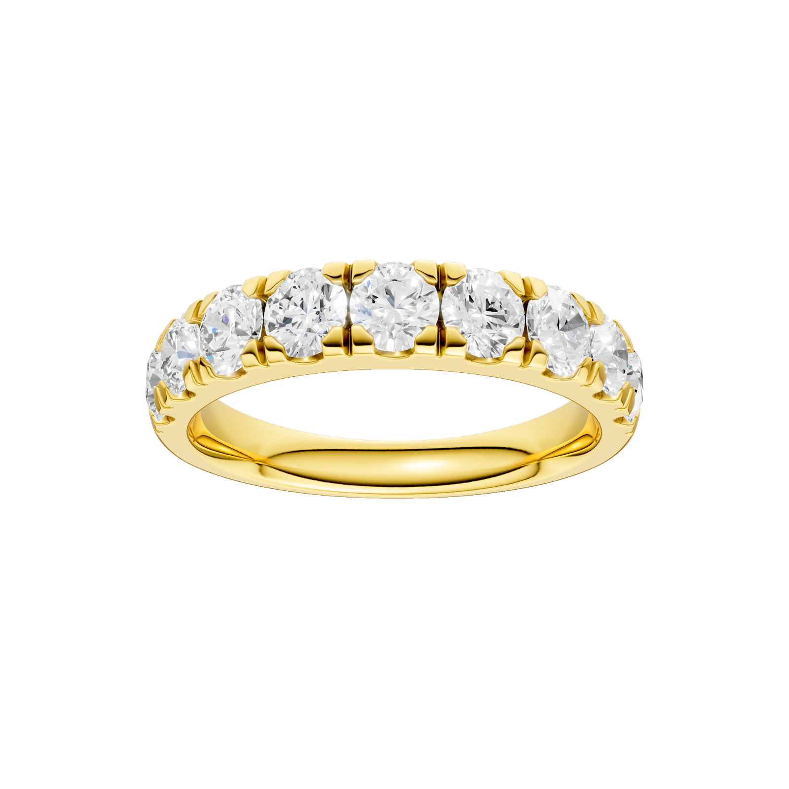 A sleek 14k yellow gold wedding band featuring 1.5 total carats of round-cut lab-grown diamonds in a secure channel-set 2/3 eternity style.