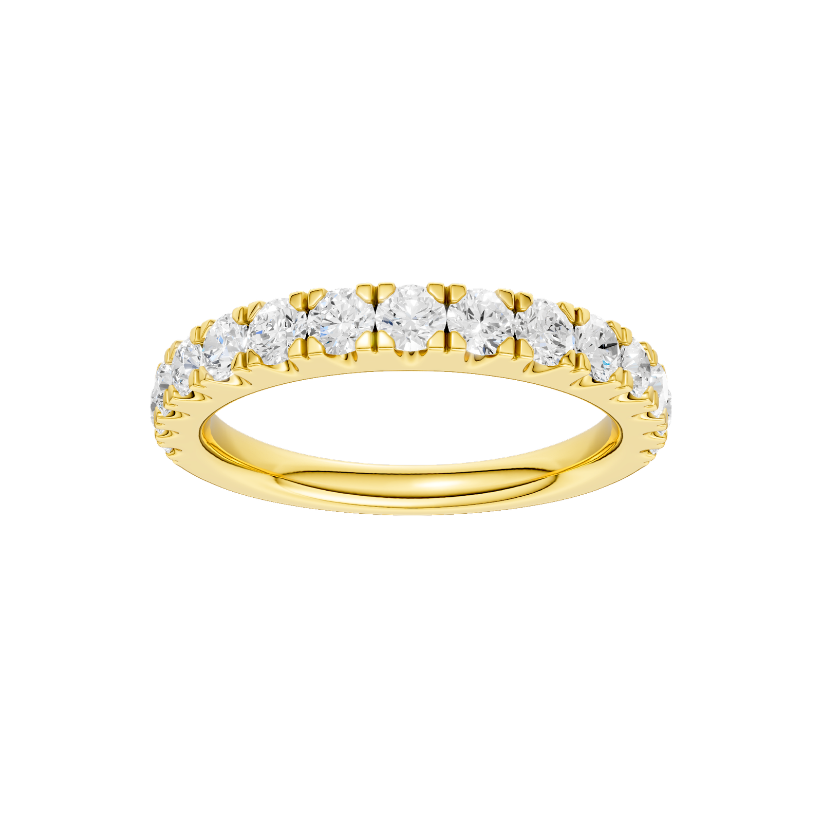 A sophisticated 14k yellow gold wedding band featuring 0.75 total carats of round-cut lab-grown diamonds in a classic 2/3 eternity setting.