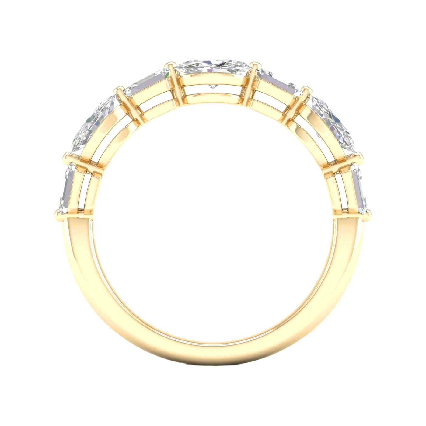 A unique 14k yellow gold wedding band featuring an alternating pattern of shimmering oval and crisp emerald-cut lab-grown diamonds totaling 1.6 carats.