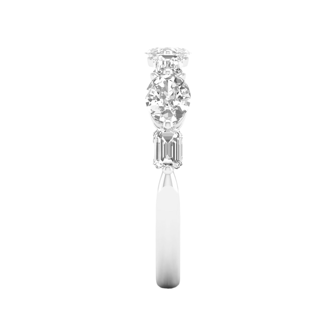 A sophisticated 14k white gold anniversary band showcasing a 2/3 eternity row of alternating premium oval and emerald-cut diamonds.